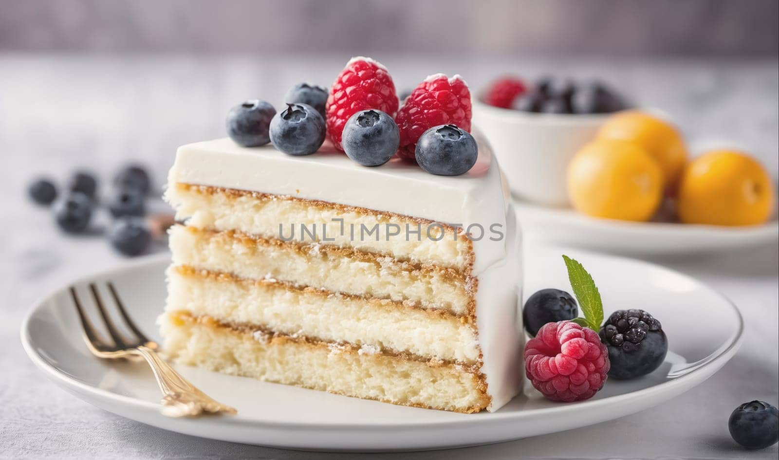 A slice of cake with white frosting and layered cake is topped with raspberries and blueberries. A fork is on a white plate next to the cake, and there are blueberries scattered around the plate. There is another plate with more blueberries and some yellow fruit.