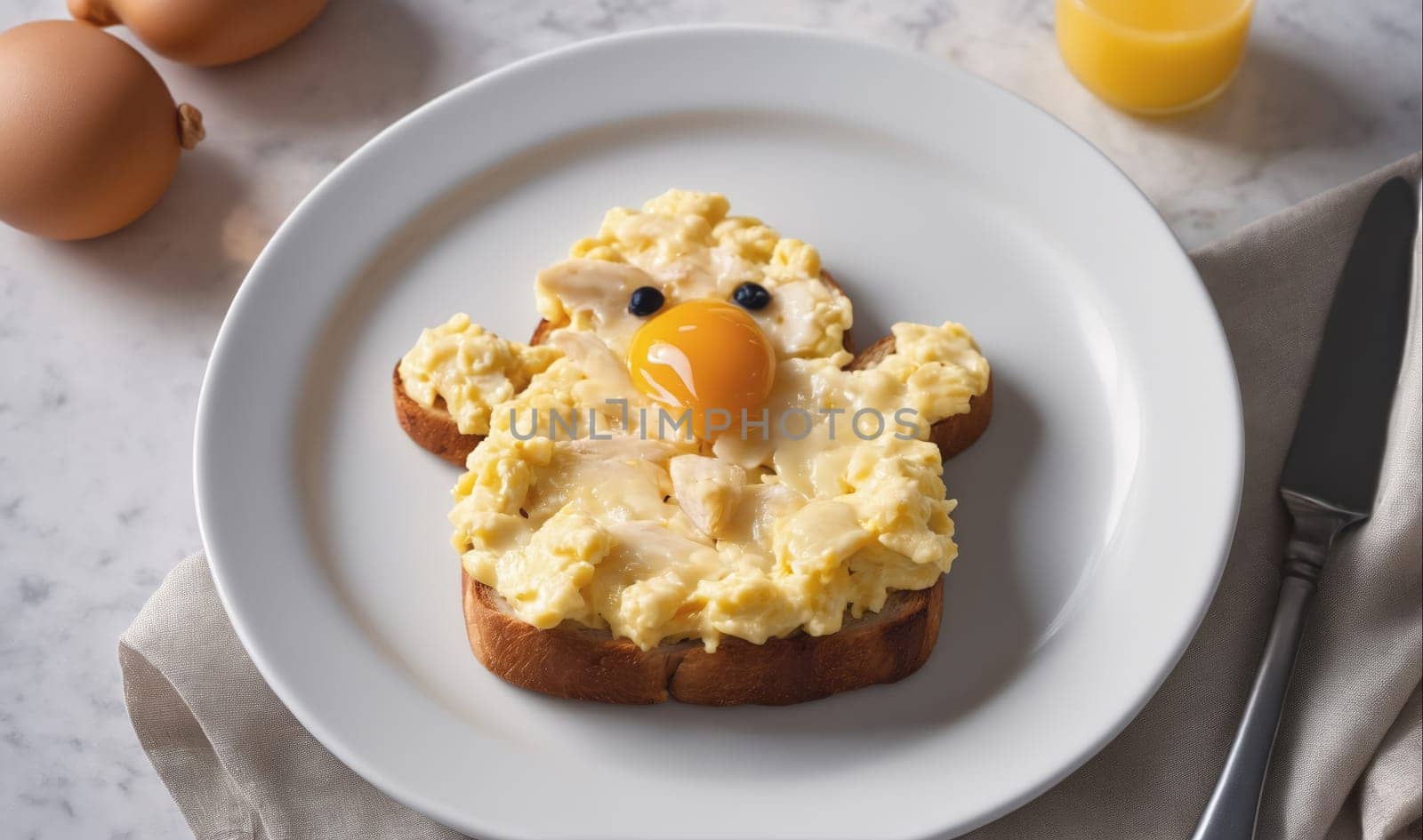 A chick-shaped toast is topped with scrambled eggs and a yolk for an eye. The toast is on a white plate, with a butter knife and two eggs visible in the background.
