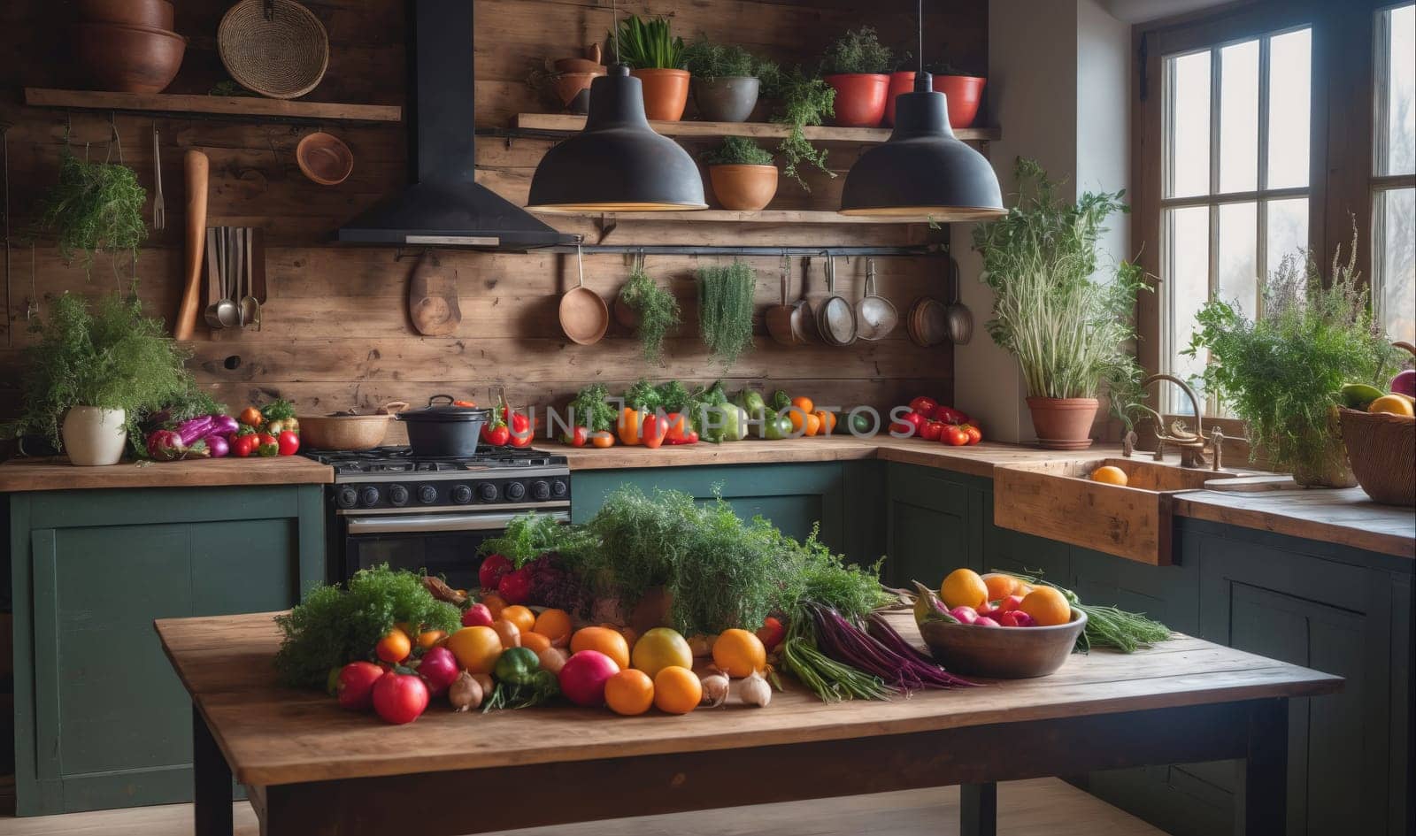 A wooden table in a rustic kitchen is piled high with fresh produce. A large bundle of green herbs sits on top of a bowl of oranges, bell peppers, and onions. The table is made of wood with a dark brown finish and sits in front of a green cabinet. The kitchen is decorated with wooden shelves and black pendant lights. There are several potted plants throughout the kitchen, adding a touch of green to the space.