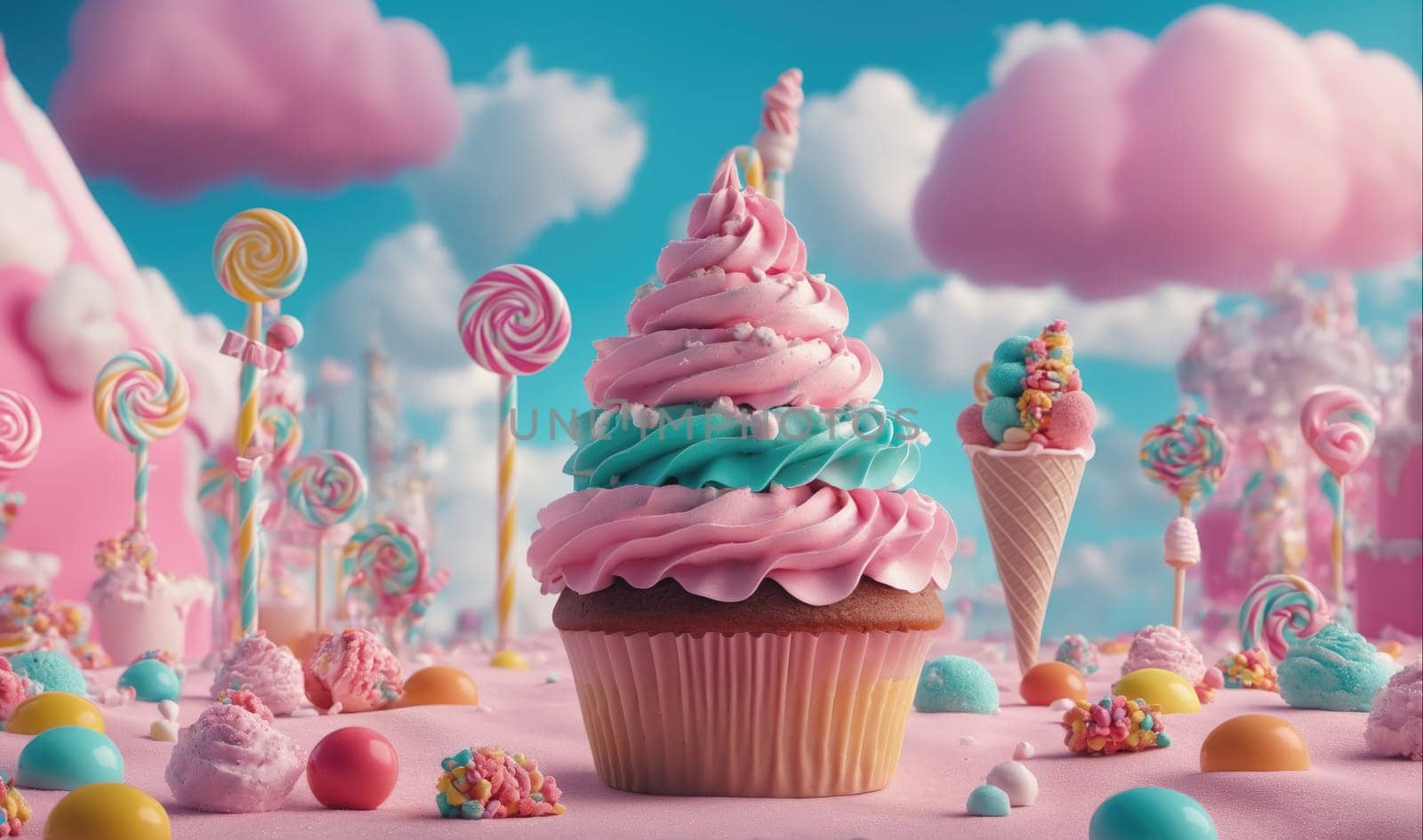 A large cupcake with pink and blue frosting sits in the center of a whimsical candyland. The cupcake is surrounded by lollipops, cotton candy, and other sugary treats. A pink and blue sky with clouds can be seen in the background.