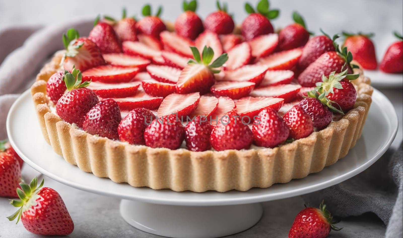 A delicious strawberry tart sits on a white cake stand, surrounded by whole strawberries. The tart is filled with a creamy custard and topped with sliced strawberries.