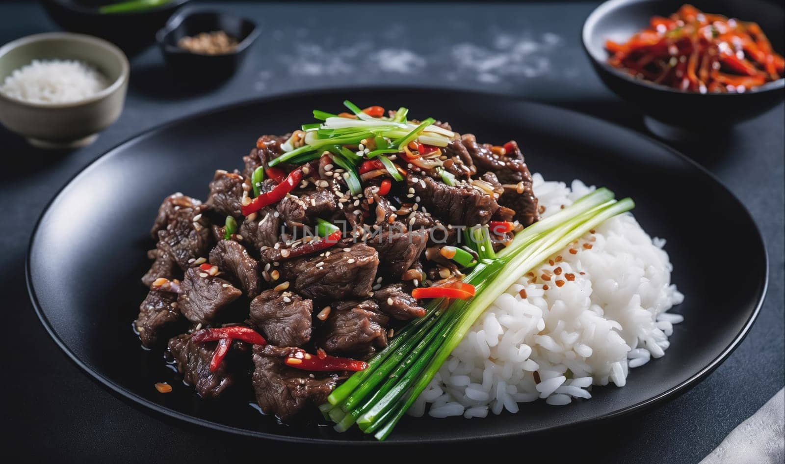 A plate of stir-fried beef and rice with scallions and red peppers is seen. The beef is tender and juicy, and the rice is fluffy and flavorful. The scallions and red peppers add a touch of color and freshness to the dish.