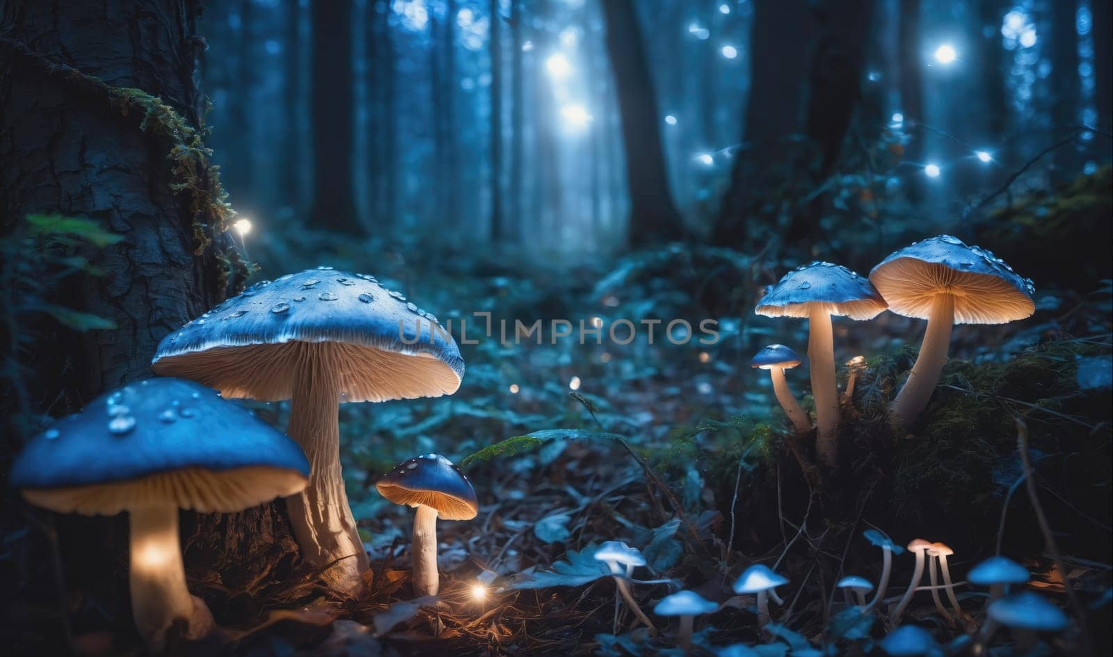 A group of blue mushrooms are clustered together on the forest floor, glowing with an ethereal light. They are surrounded by other, smaller mushrooms, all of which are illuminated by the soft glow of the forest. The trees in the background are obscured by darkness, and the air is thick with a sense of mystery and wonder.