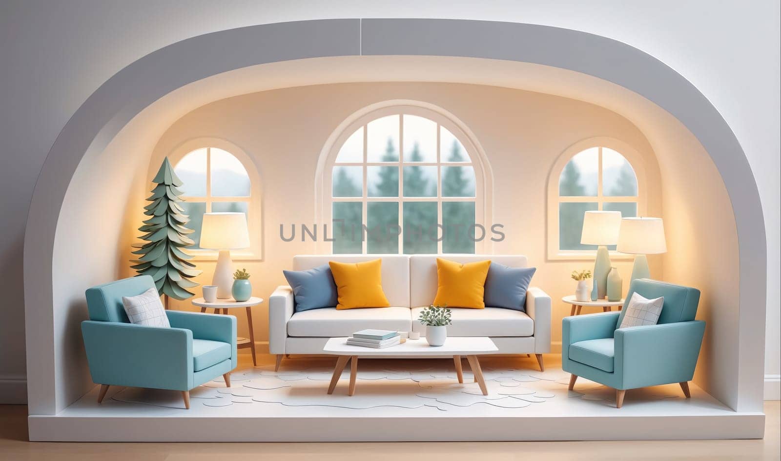 The miniature living room features a white couch with yellow and blue pillows, two armchairs, a coffee table, two lamps, and a potted plant. The room is lit by overhead lights and the lamps, and the windows provide a view of a snowy forest.