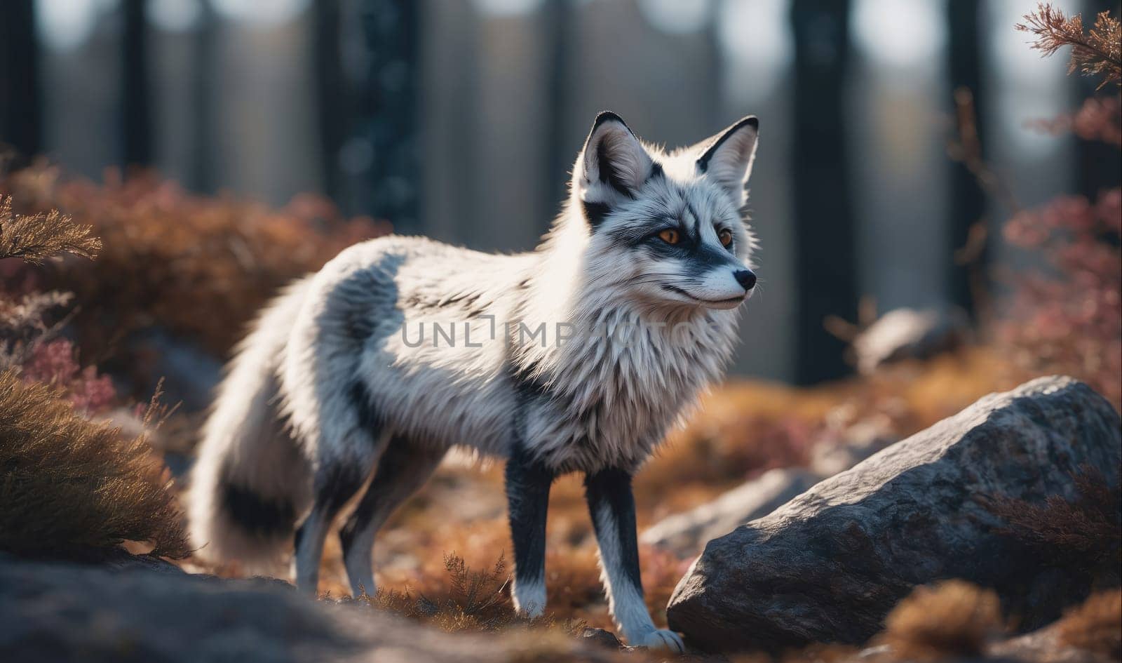 A silver fox with black markings stands on a large, gray rock in a forest. The fox has a bushy tail and is looking off to the side. There are trees in the background and fallen leaves on the ground. The light is coming from the right side of the image, illuminating the fox's fur.