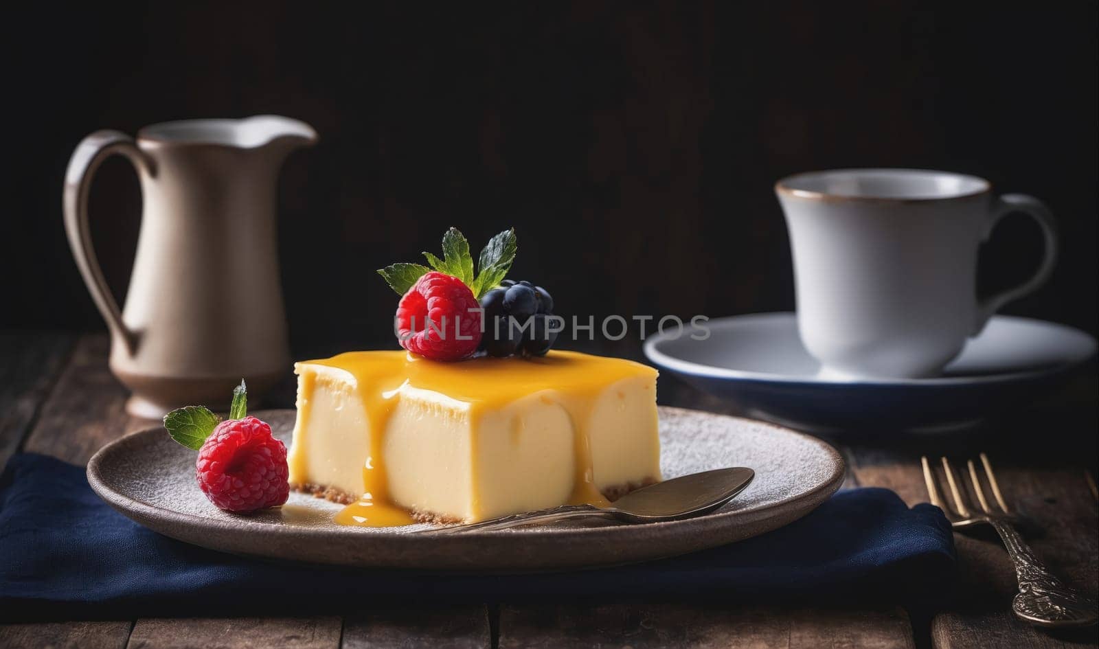 A slice of cheesecake with berries and a yellow glaze sits on a plate next to a cup and saucer. The setting includes a pitcher and a fork.