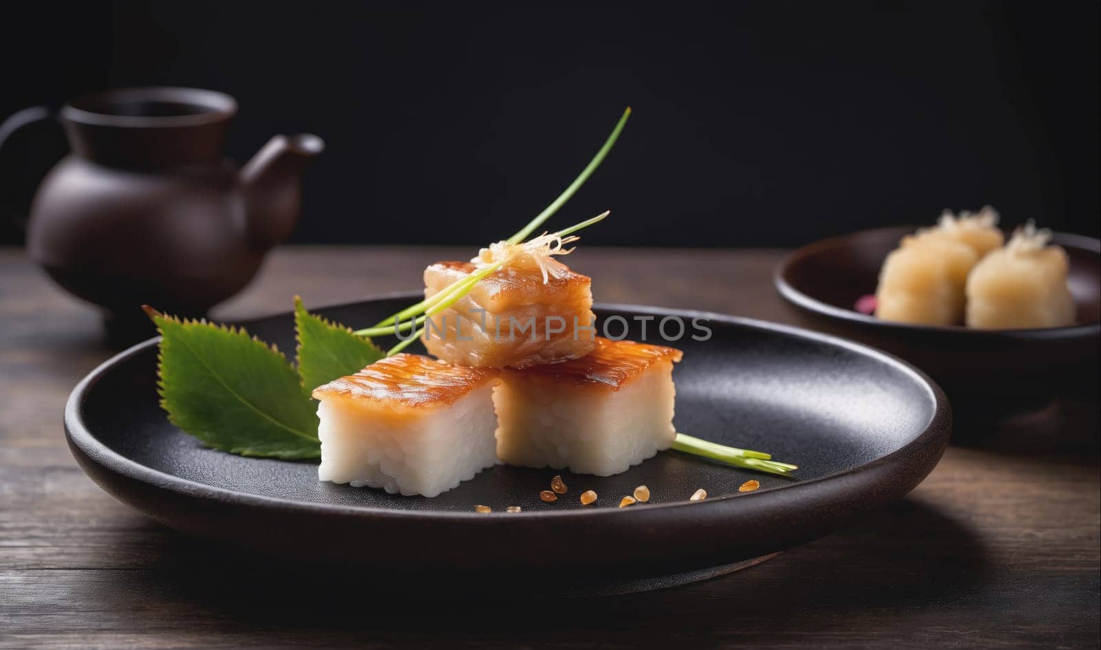 A close-up view of three pieces of caramelized rice cake on a black plate, garnished with green leaves and chives. The rice cake is a popular dessert in many Asian countries, and it is often served with a sweet sauce. The background is blurred, creating a sense of focus on the food.