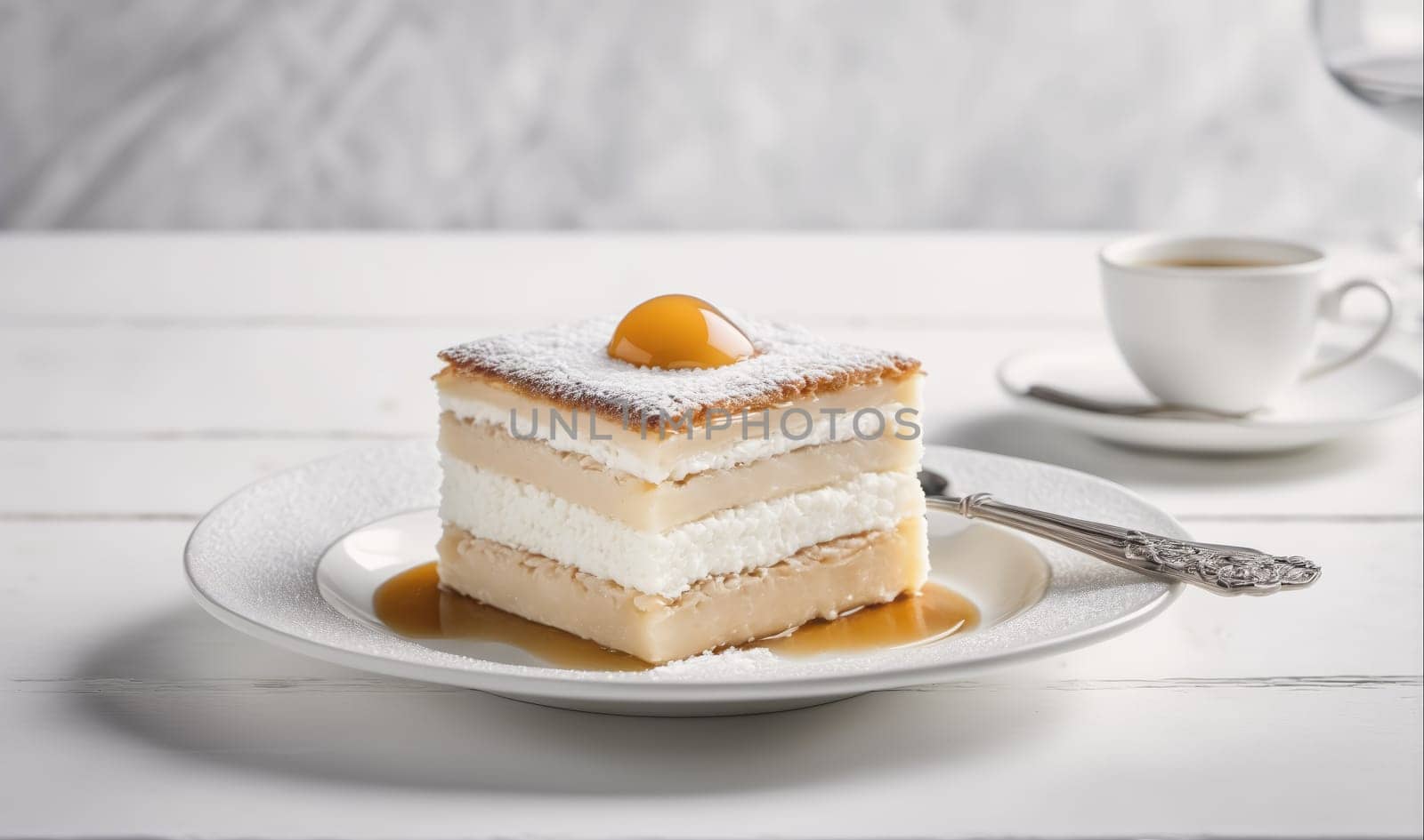 A piece of cake topped with a fruit and sprinkled with powdered sugar is displayed on a white plate. A teacup and saucer are situated to the right of the cake on a white table.