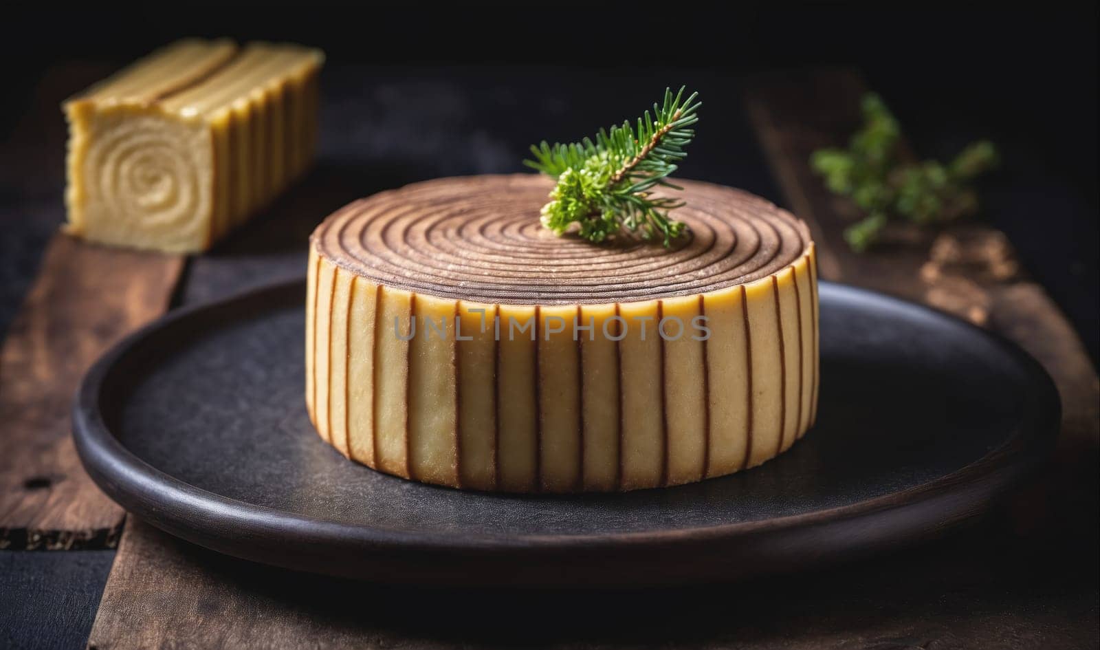 A log cake with a sprig of pine sits on a black plate. The cake is decorated to look like a tree trunk, with brown and white stripes. There is a smaller log cake in the background. The cake is on a wooden surface and the background is black.