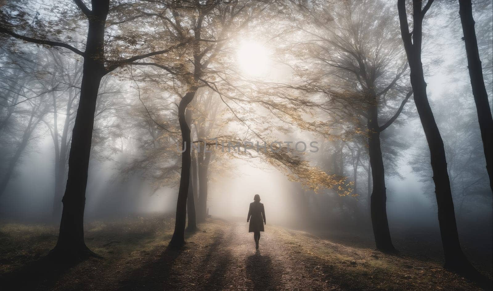 A person walks along a dirt path in the woods, surrounded by tall trees. There is heavy fog and sunlight streaming through the trees in the distance.