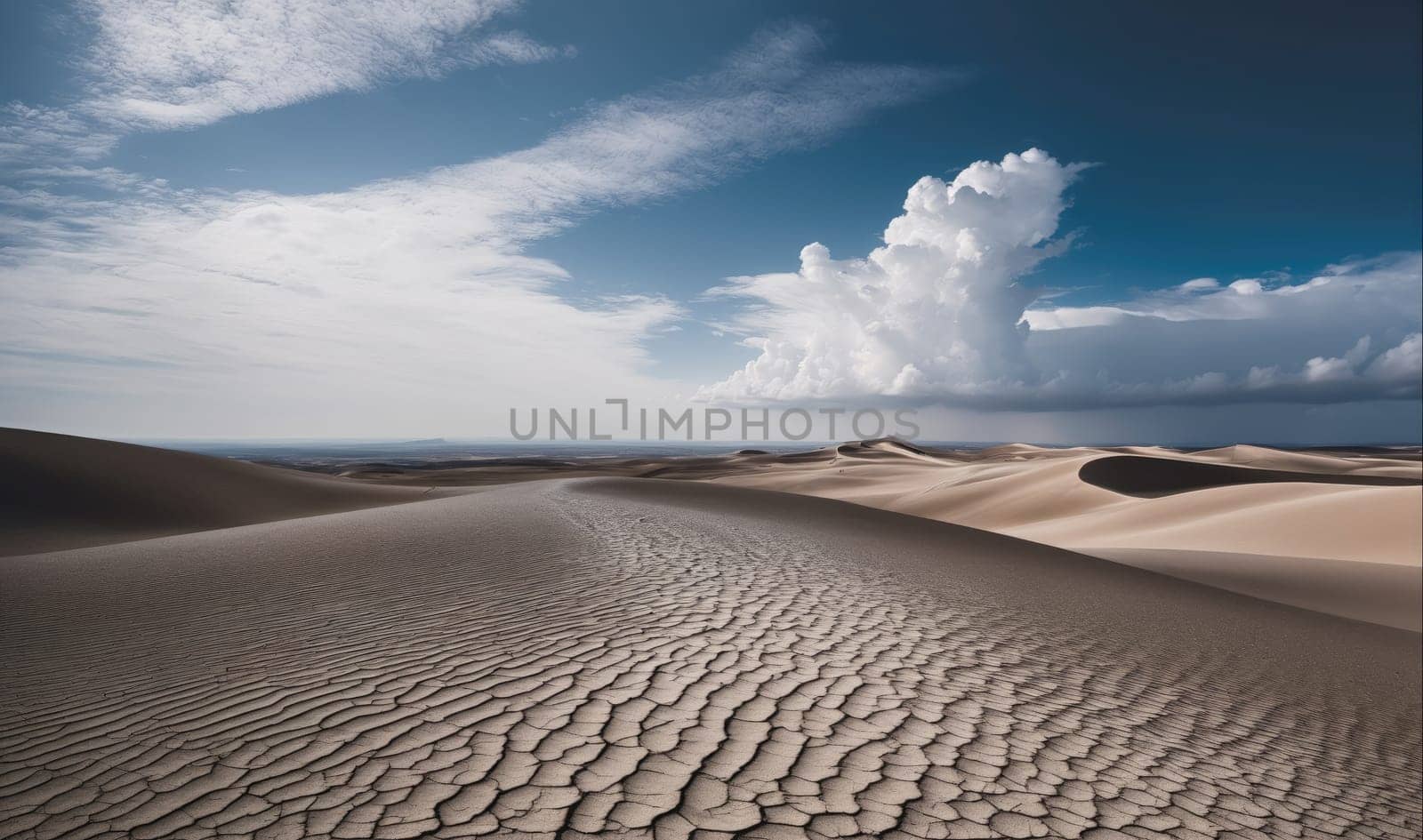 A large cloud looms over a vast expanse of sand dunes. The sand is cracked and dry, and the horizon is obscured by a hazy layer of atmosphere. The sky is a brilliant blue, with patches of white clouds.
