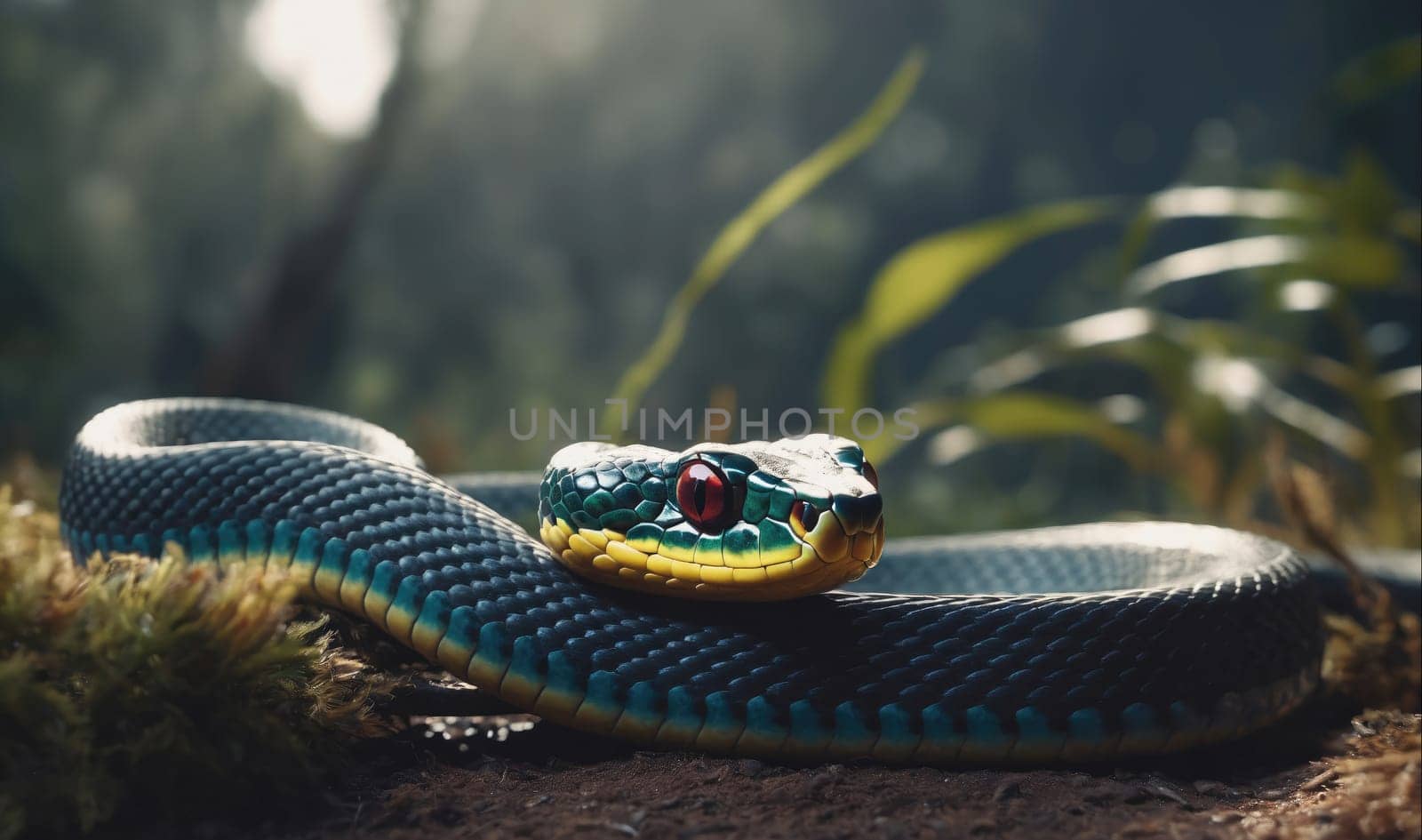 A green and blue snake with yellow markings is coiled on the ground in a forest. It is lying on its belly, its head raised, and its eyes are open. The snake is surrounded by green grass and leaves, and the sun is shining through the trees. The snake's scales are visible, and its skin is smooth and shiny.