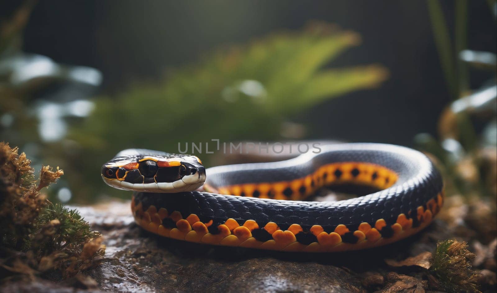 A black and orange snake is coiled on a rock with green foliage and some sunlight in the background. The snake has a white underside and appears to be resting.