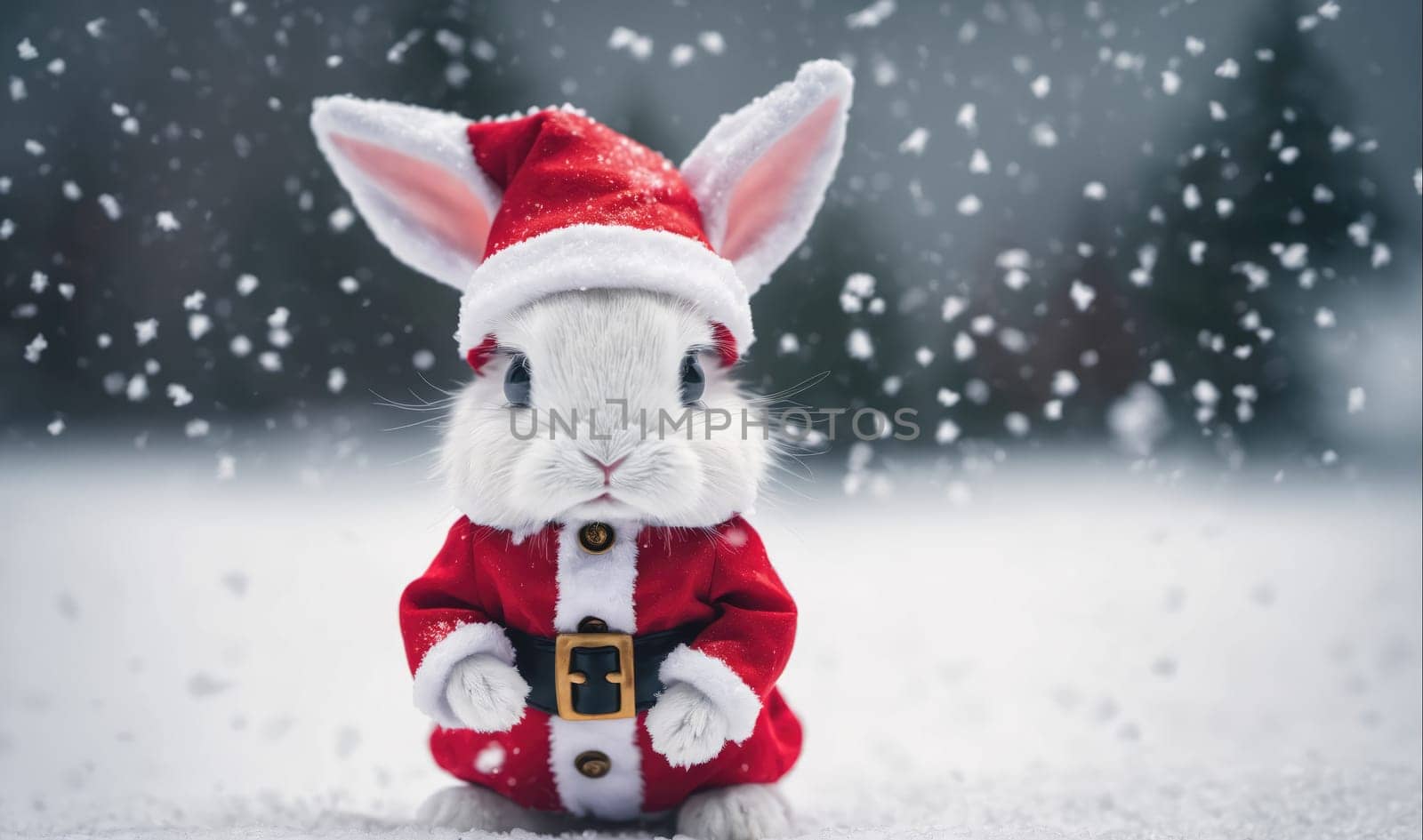 A white rabbit wearing a red Santa suit with a white trim and a black belt stands in a snowy field with snowflakes falling around it. The rabbit has long white ears and is looking directly at the camera.