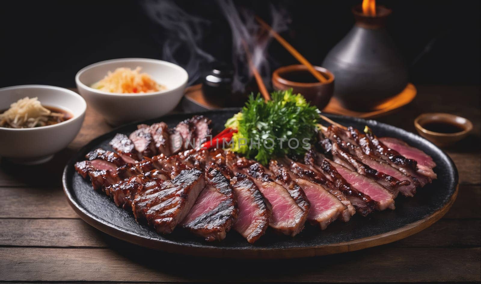 A plate of sliced and grilled meat sits on a wooden table. The meat is arranged in a circular pattern and is still steaming. Next to the meat are small bowls of food, one with a white sauce and the other with a brown sauce. A small green bunch of parsley sits in the center of the plate.