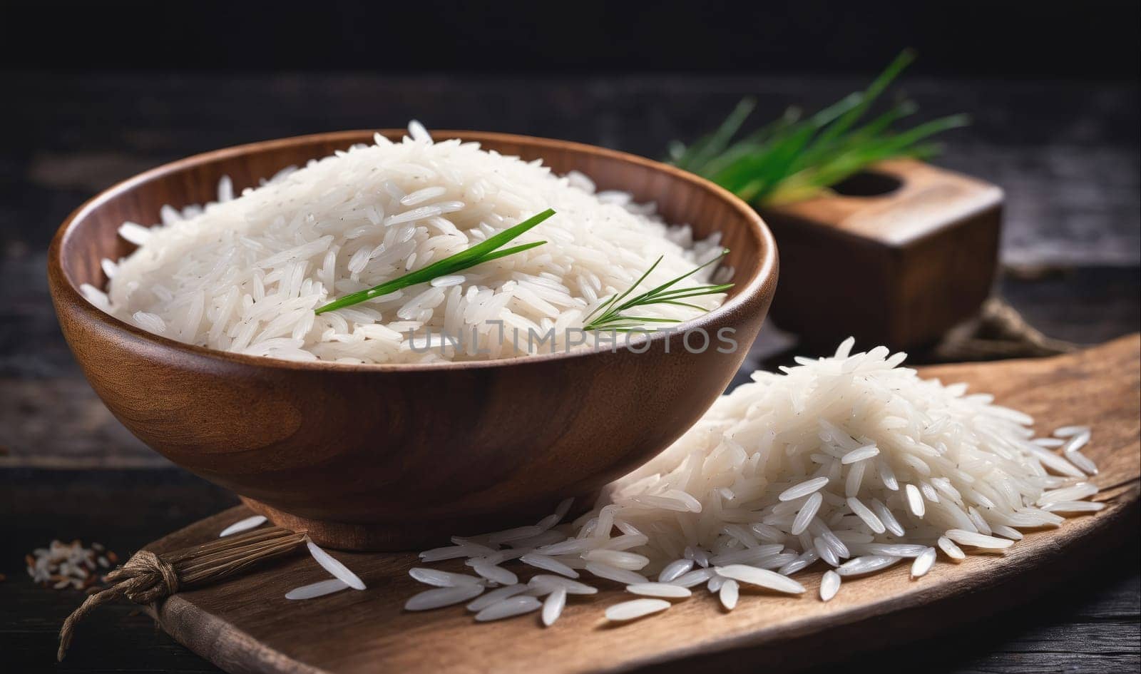 A bowl of cooked white rice sits on a wooden cutting board. There are a few pieces of green garnish in the bowl, and more rice sits on the board beside the bowl. The wooden cutting board is on a dark brown surface.