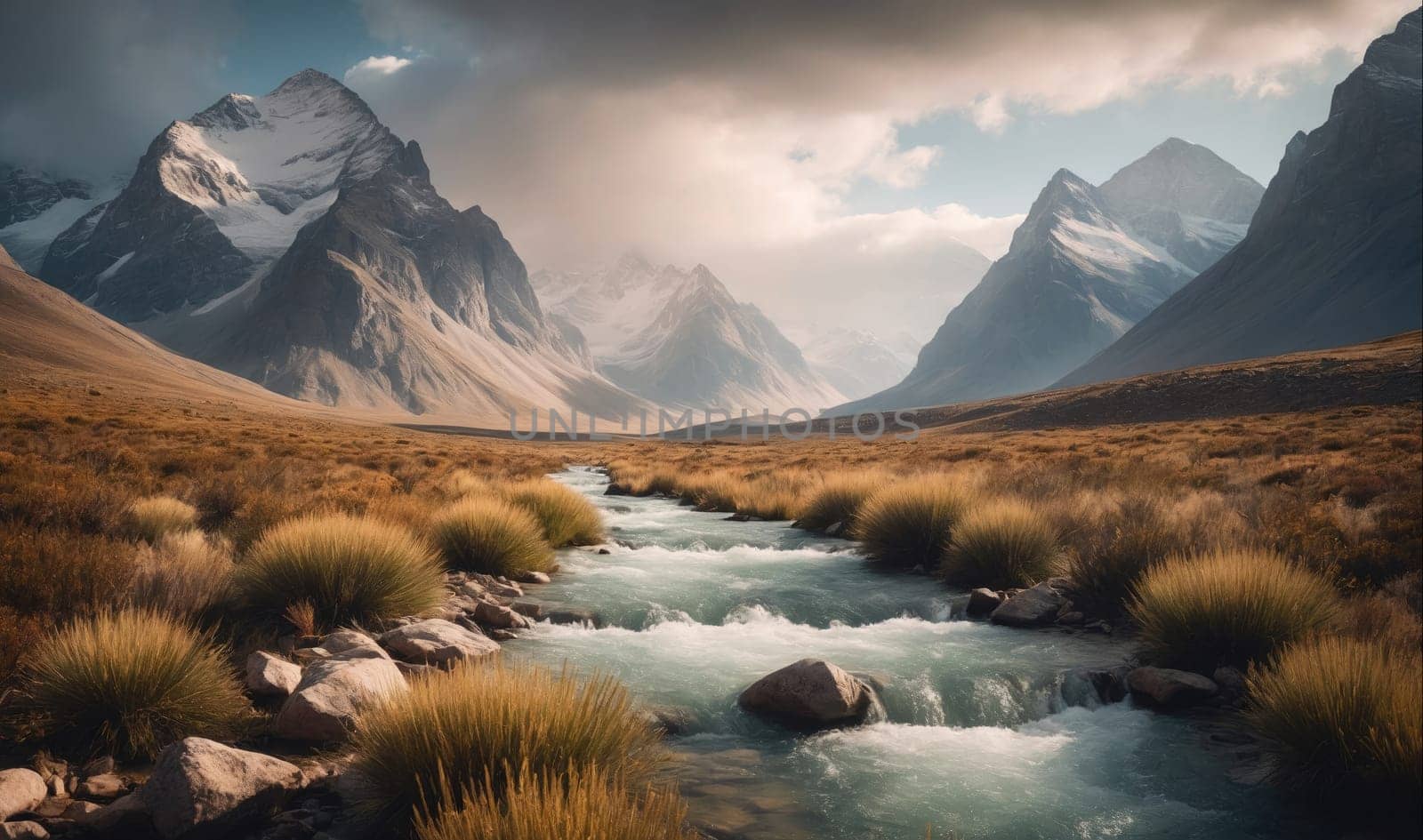 The image shows a river flowing through a grassy valley. The valley is surrounded by snow-capped mountains. The sky is cloudy and the sun is shining.