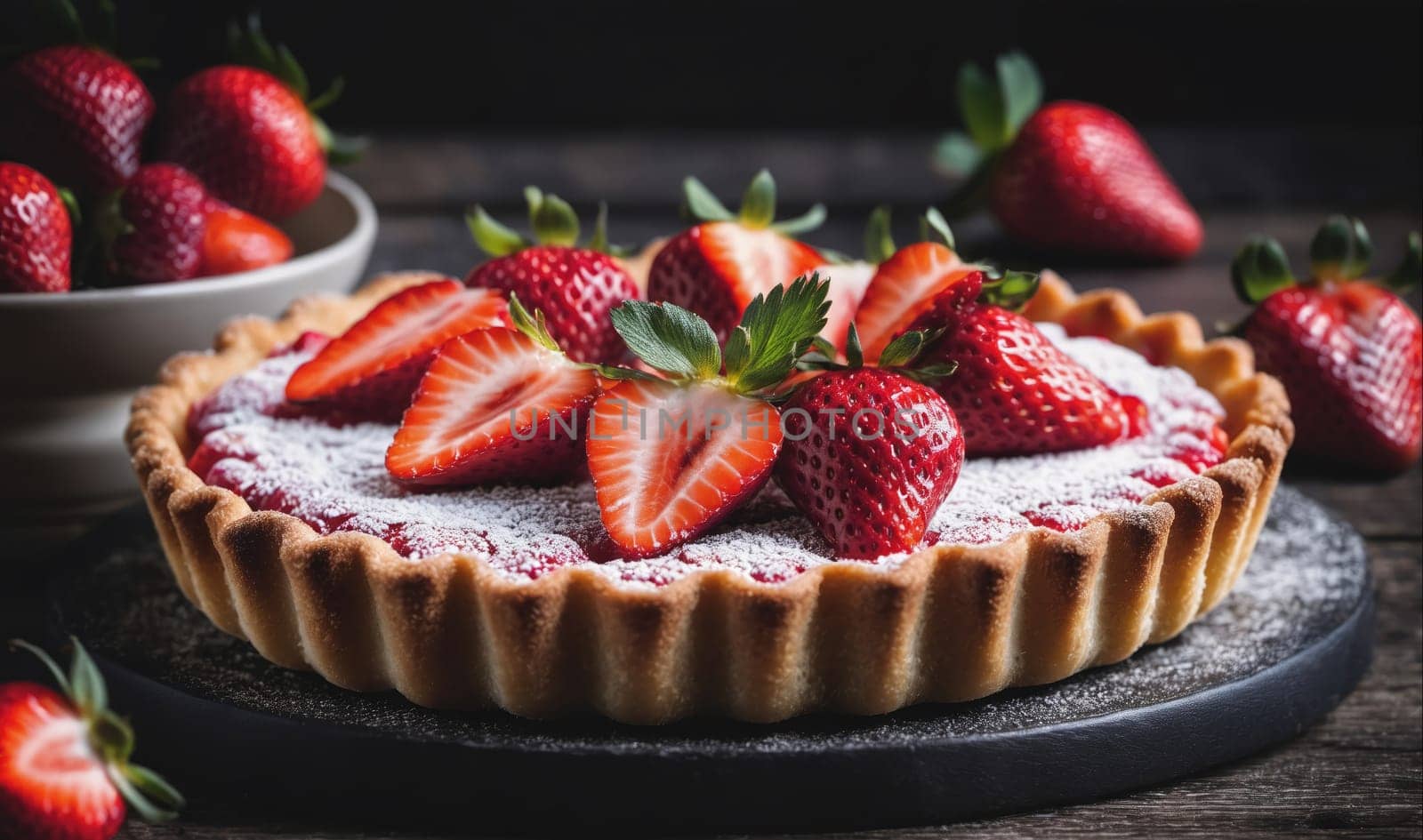 A freshly baked strawberry tart, decorated with fresh strawberries, sits on a dark table. The tart is surrounded by more fresh strawberries. The tart is dusted with powdered sugar.