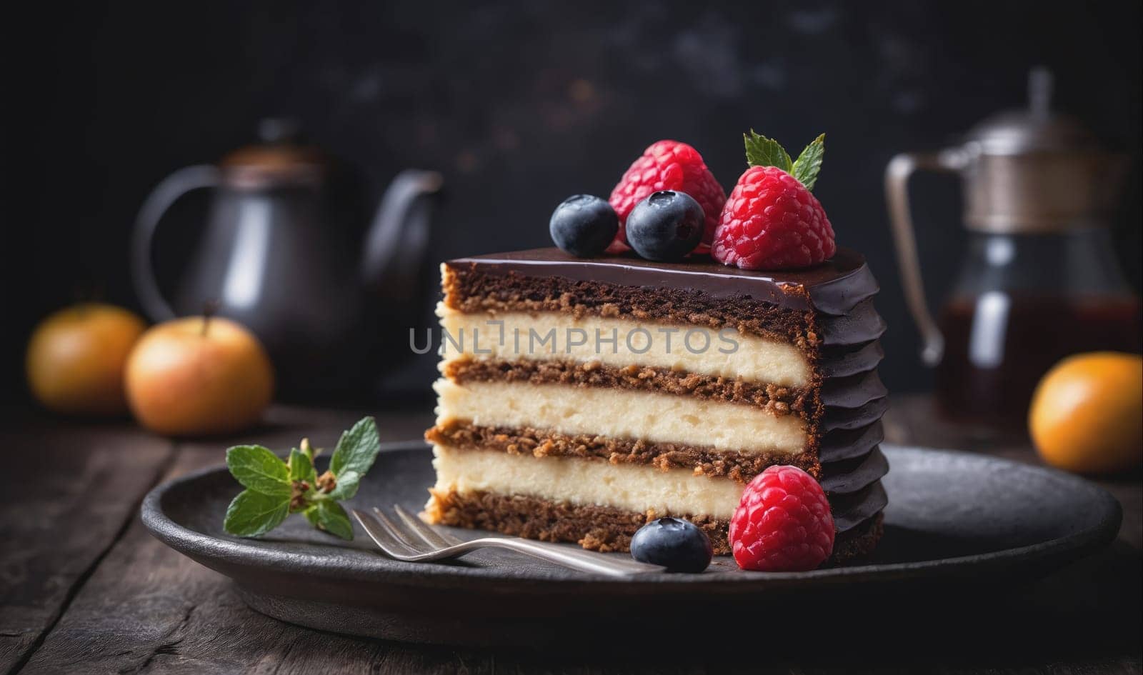 A slice of chocolate cake with layers of cream and chocolate frosting sits on a black plate with raspberries, blueberries, and a mint sprig on top, with a fork to the side. The cake is on a wooden table with a teapot and oranges in the background.