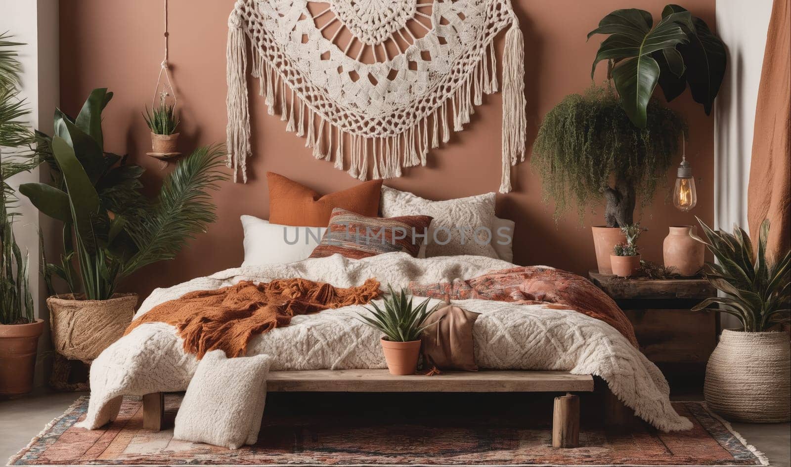 The image shows a bedroom interior with a white bed with orange and white bedding and several pillows. A woven wall hanging hangs over the bed. A potted plant sits on a side table next to the bed. Another potted plant is on the floor next to the bed. A large, potted plant is on the left side of the image.