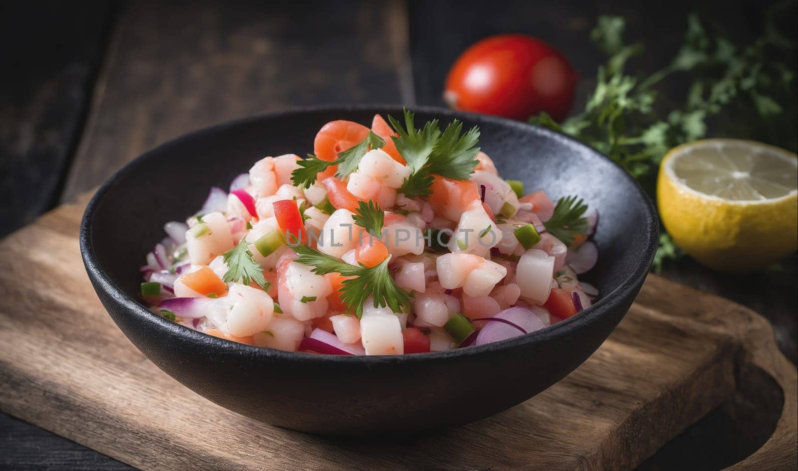 A close-up view of a black bowl filled with ceviche, a popular Peruvian dish. The ceviche is made with diced raw fish, shrimp, red onion, tomato, cilantro, and a touch of lime juice. The bowl is placed on a wooden cutting board, with a lemon wedge and a tomato sitting on the board.
