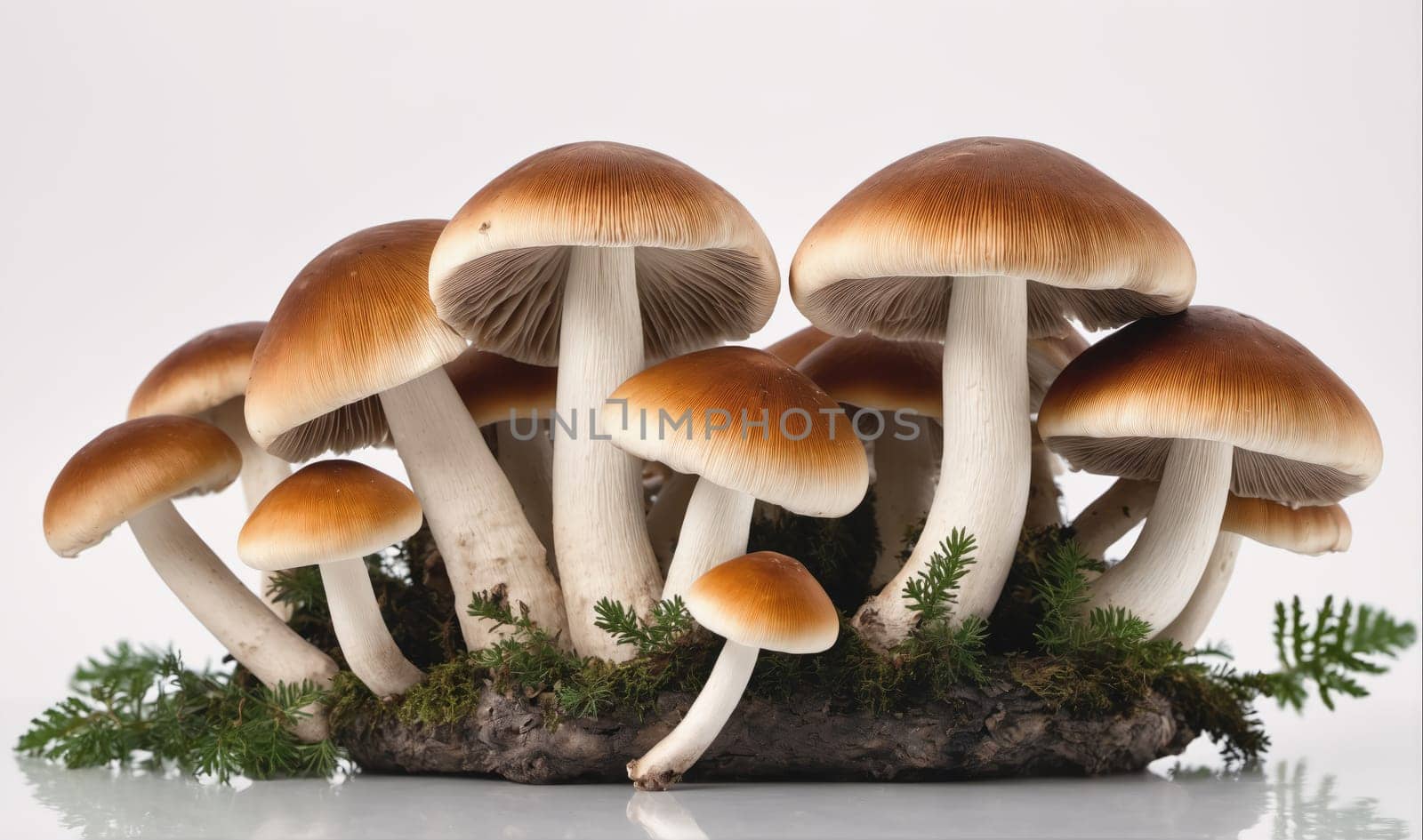 A cluster of mushrooms with brown caps and white stems are growing together on a bed of green moss. The mushrooms have a soft, rounded shape and are arranged in a circular pattern. The background is a white surface, which makes the mushrooms stand out.