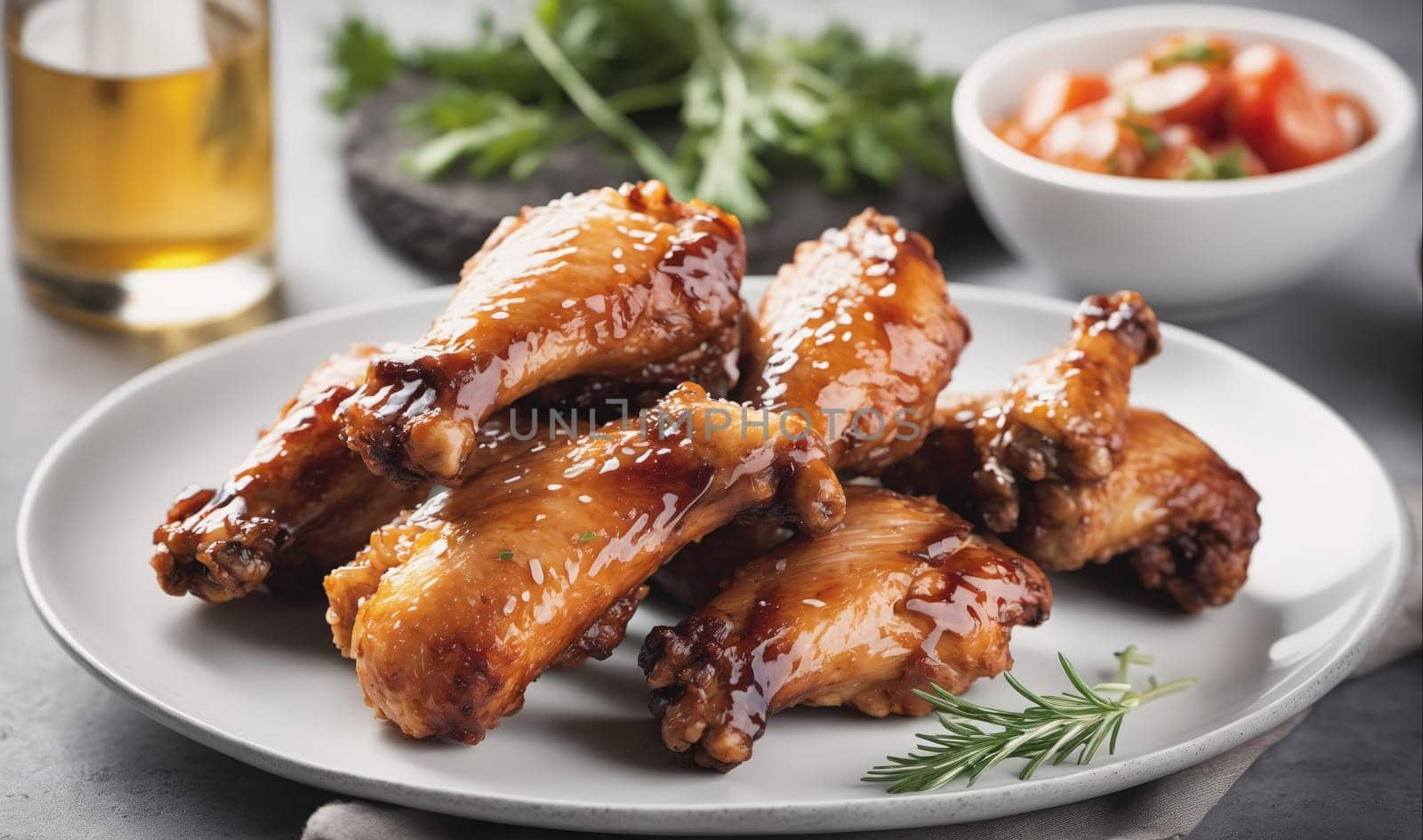 A plate of glazed chicken wings on a white plate, garnished with rosemary, with a side of salsa in the background.