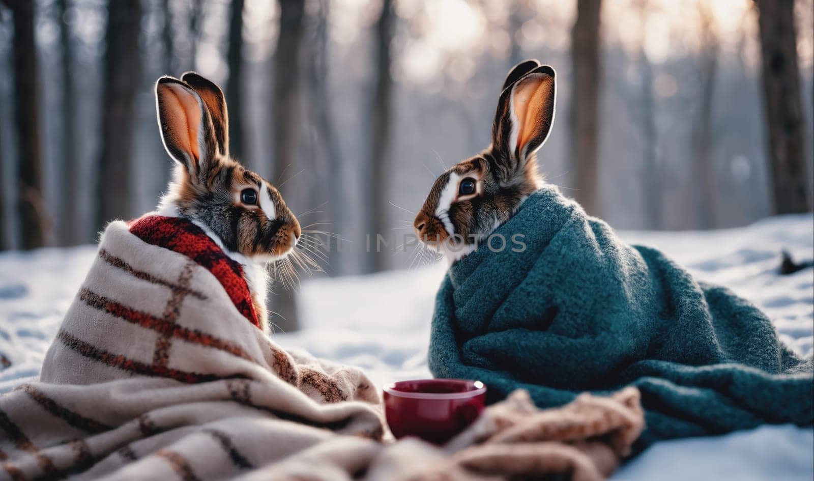 Two rabbits are sitting in the snow, bundled in blankets, and looking at each other. There is a cup of coffee or tea between them. The forest is covered in snow and there are tall, bare trees in the background. The sun is shining through the trees and casting a warm glow on the scene.