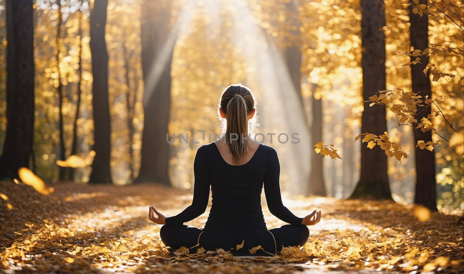 A woman is meditating in a forest. It is fall and the leaves are a beautiful shade of gold. The sun is shining through the trees. The woman is wearing a black top.