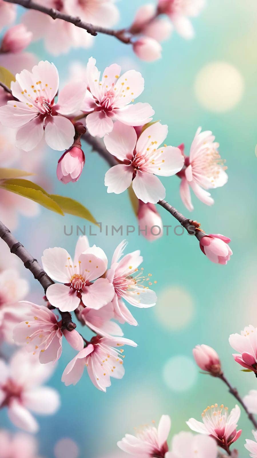 Spring Awakening.Cherry Blossoms in Bloom.A serene stock photo showcasing vibrant pink cherry blossoms against a dreamy turquoise to light blue background. Perfect for depicting spring's rebirth and natural beauty.