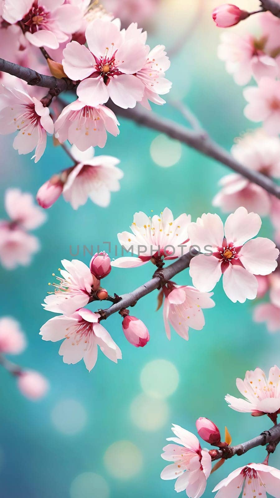 Spring Awakening.Cherry Blossoms in Bloom.A serene stock photo showcasing vibrant pink cherry blossoms against a dreamy turquoise to light blue background. Perfect for depicting spring's rebirth and natural beauty.