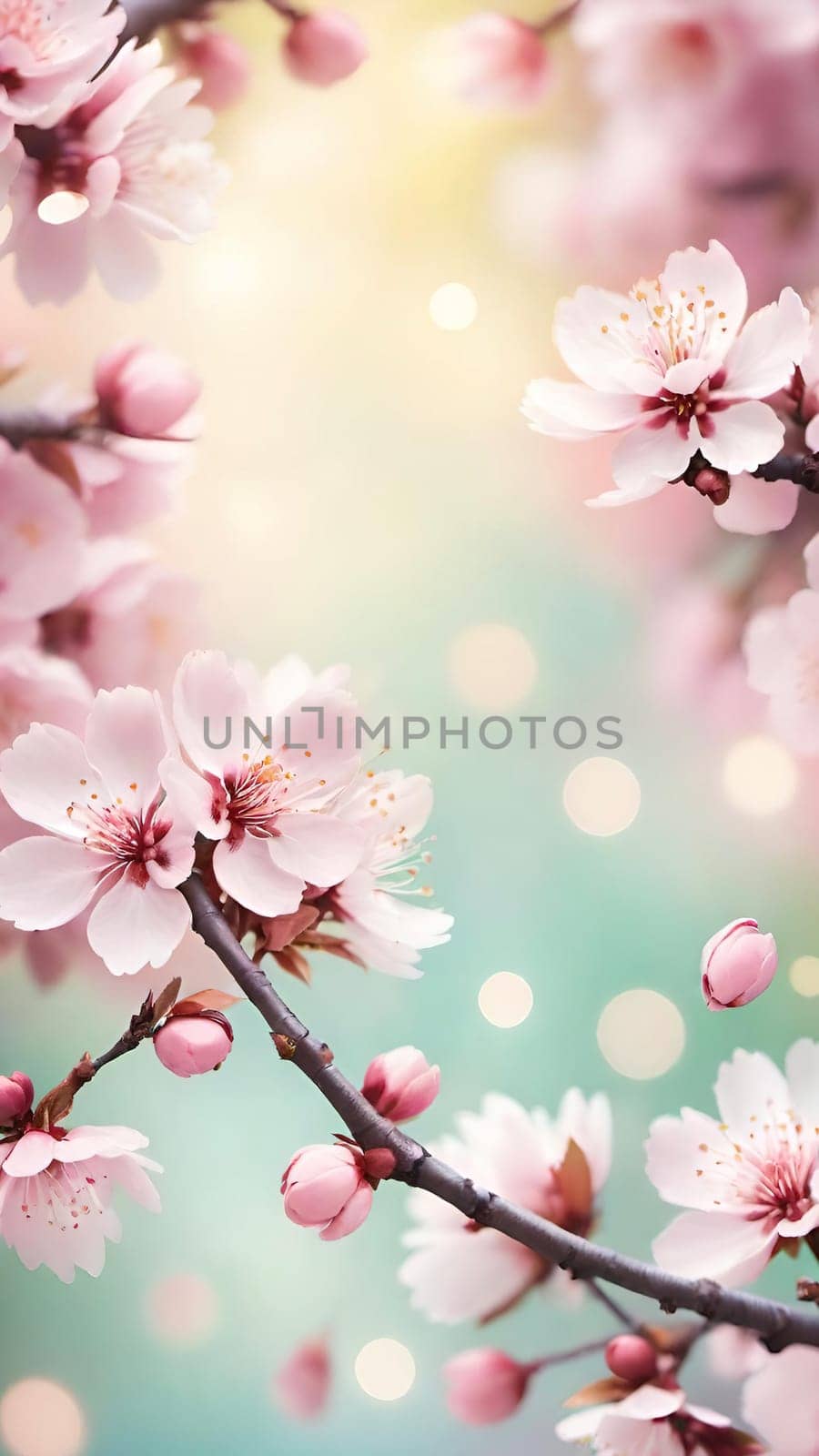 Spring Awakening.Cherry Blossoms in Bloom.A serene stock photo showcasing vibrant pink cherry blossoms against a dreamy turquoise to light blue background. Perfect for depicting spring's rebirth and natural beauty.