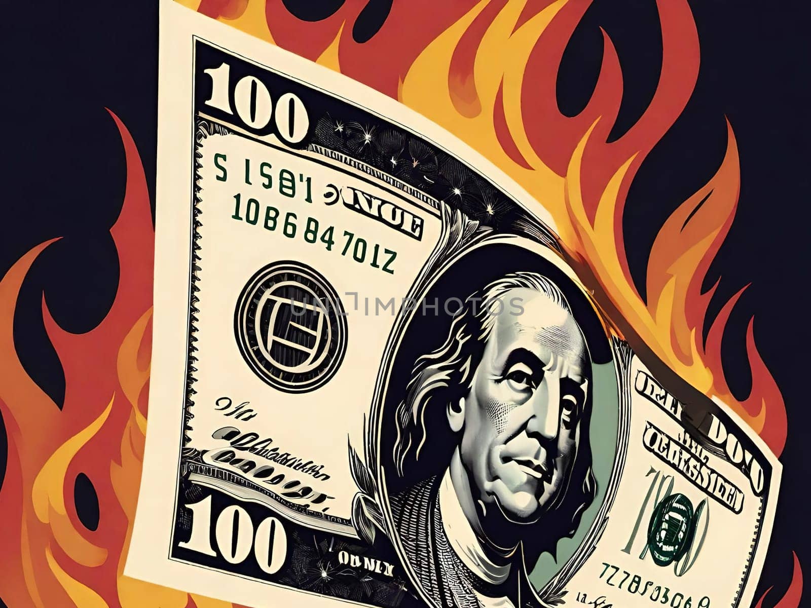 An image of a $100 bill on fire, symbolizing concepts such as inflation, economic crisis, or loss of money. It can be used in financial risks, instability, and loss of value. An image of a bill in flames, representing situations such as currency devaluation, currency wars, or investment losses.