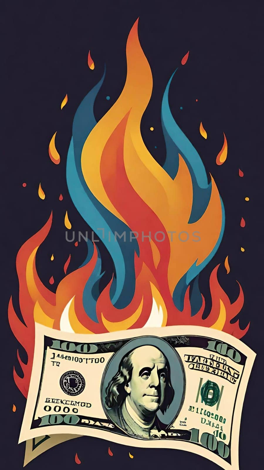 An image of a $100 bill on fire, symbolizing concepts such as inflation, economic crisis, or loss of money. It can be used in financial risks, instability, and loss of value. An image of a bill in flames, representing situations such as currency devaluation, currency wars, or investment losses.