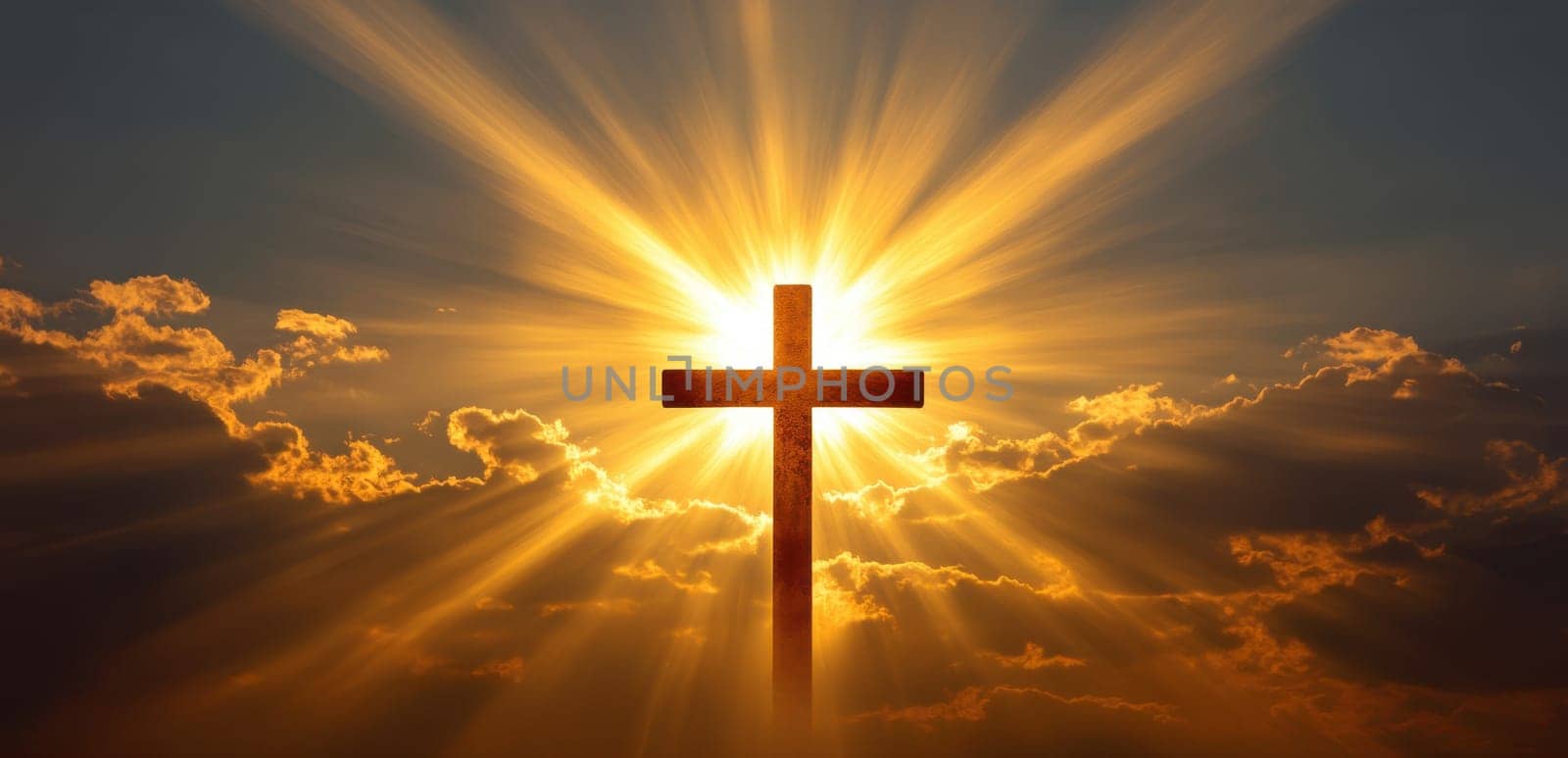 Divine sunrise illuminating a cross, golden sky, spiritual and serene atmosphere.