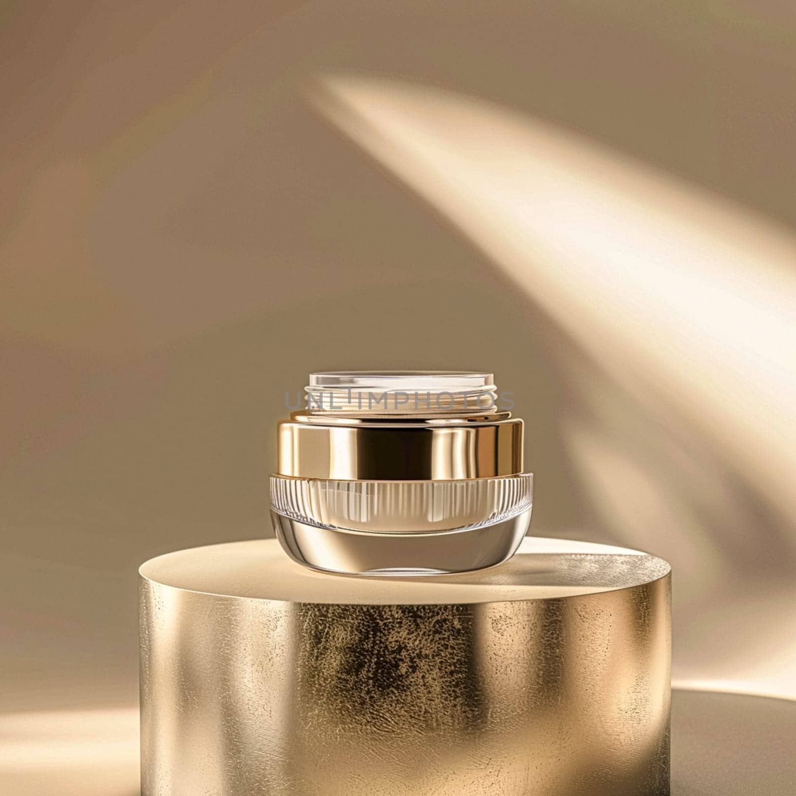 Face cream in a glass jar on a white and gold background. Skin care concept. Backdrop for beauty cosmetic products