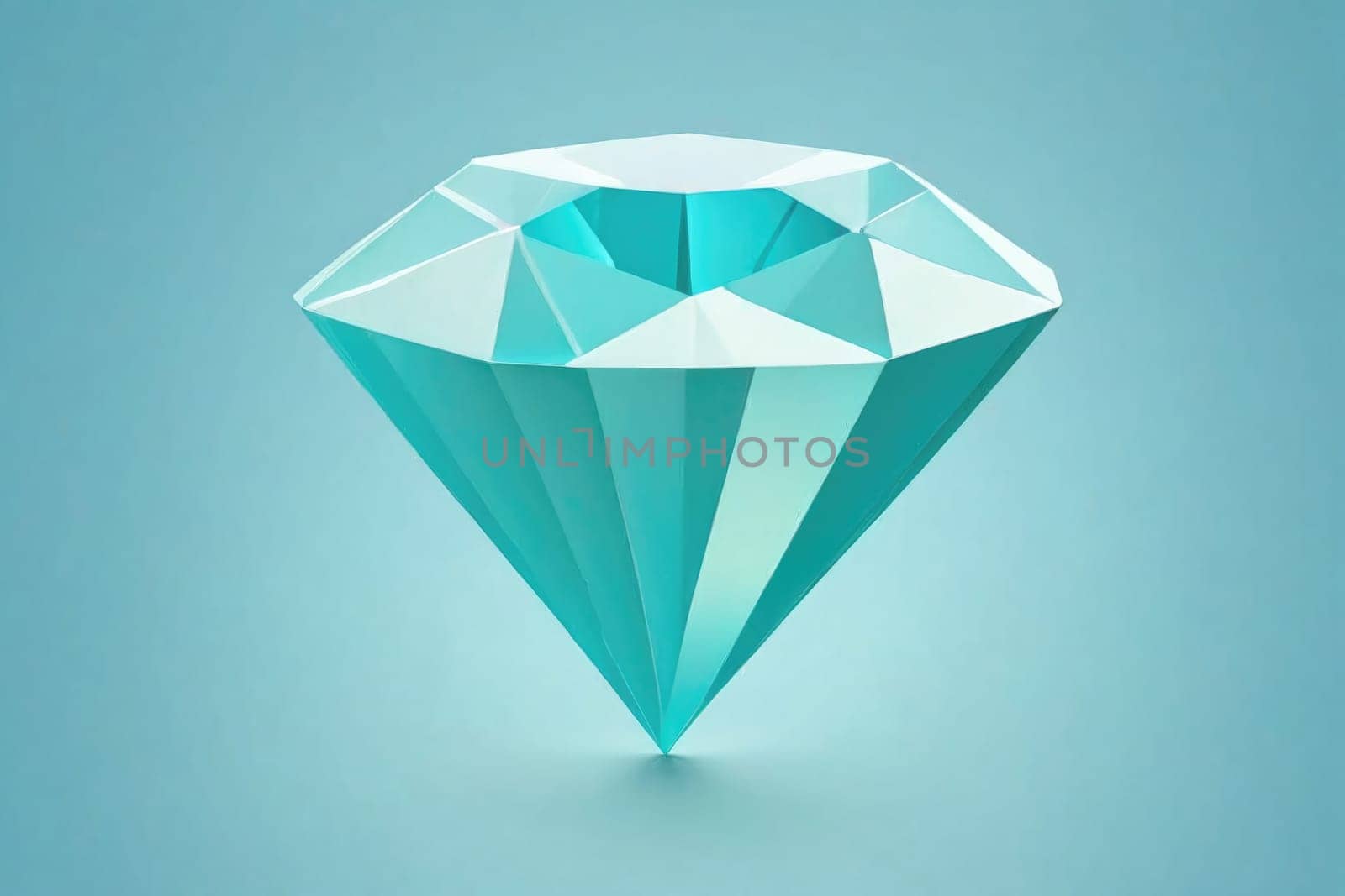 A beautifully crafted teal diamond glistens brightly, reflecting light in various angles. The design emphasizes its sharp facets and brilliant cut, set against a soothing light blue backdrop.