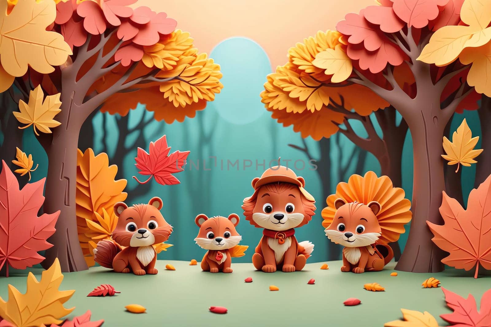 A group of cute woodland animals is gathered amidst a vibrant autumn forest. The characters include two playful squirrels and two cheerful foxes, surrounded by falling leaves of various hues, capturing the essence of the season as they enjoy each other's company.
