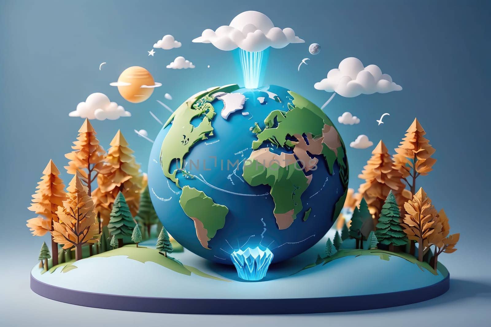 A vibrant three-dimensional depiction of Earth is surrounded by lush trees and playful clouds, complemented by celestial bodies in the background. Bright colors and dynamic elements suggest a harmonious balance between nature and the universe, emphasizing environmental themes.