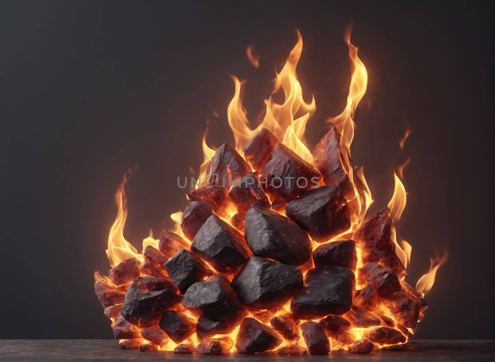 A vibrant display of flames dances atop a carefully arranged pile of charcoal rocks. The glowing embers flicker and crackle, illuminating the dark background and creating an intense atmosphere filled with warmth and energy.