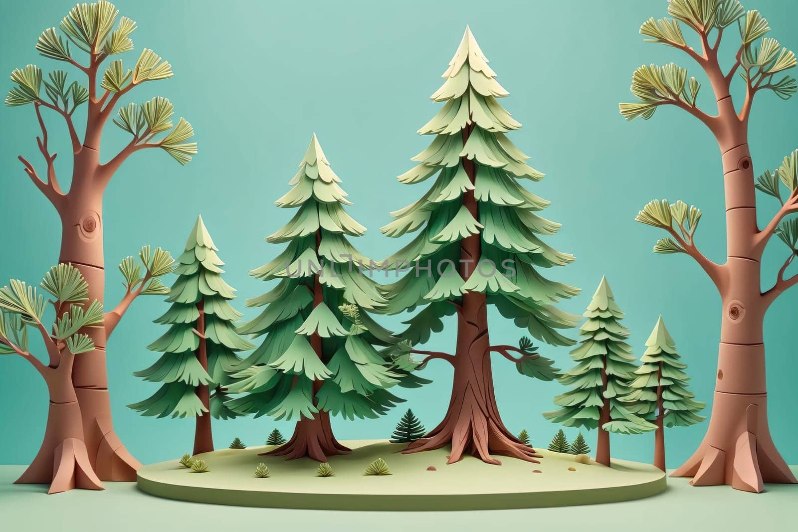 A whimsical arrangement of various paper trees is showcased against a serene light blue backdrop. The vibrant green foliage and intricately designed trunks create a playful forest atmosphere, inviting imagination and creativity. Each tree varies in height and shape, adding visual interest and charm to the display, reminiscent of handcrafted artistry.