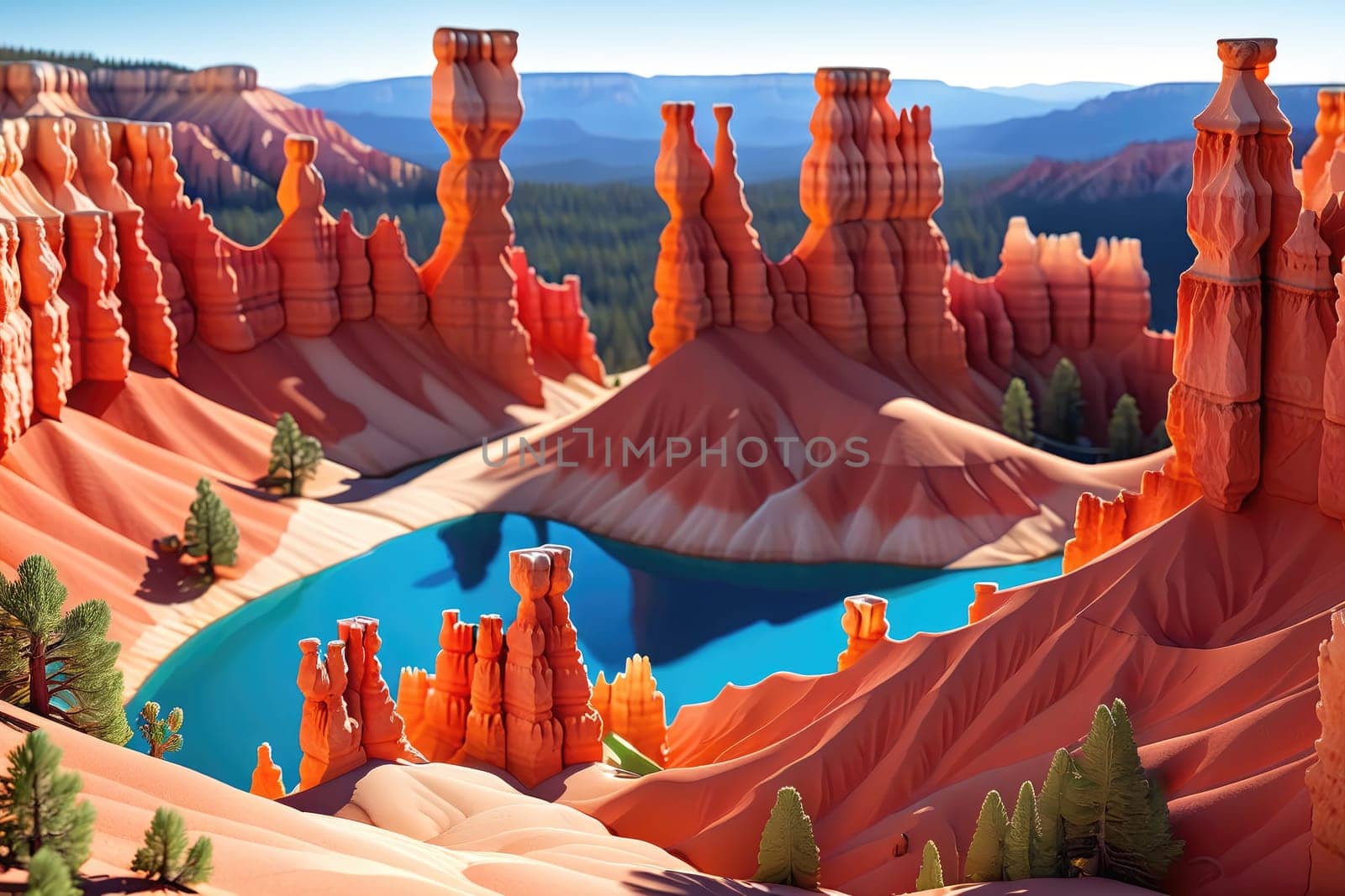 A breathtaking view of Bryce Canyon reveals stunning rock formations known as hoodoos, bathed in warm sunlight. The vibrant red and orange colors contrast beautifully with the serene blue water in the center, surrounded by lush green trees and distant mountains.