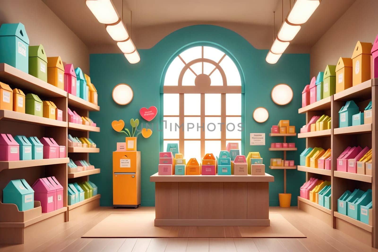 The vibrant store features shelves filled with assorted gift boxes in various colors. Sunlight streams through large windows, illuminating the playful decor. A bright orange refrigerator adds a cheerful touch to the space.