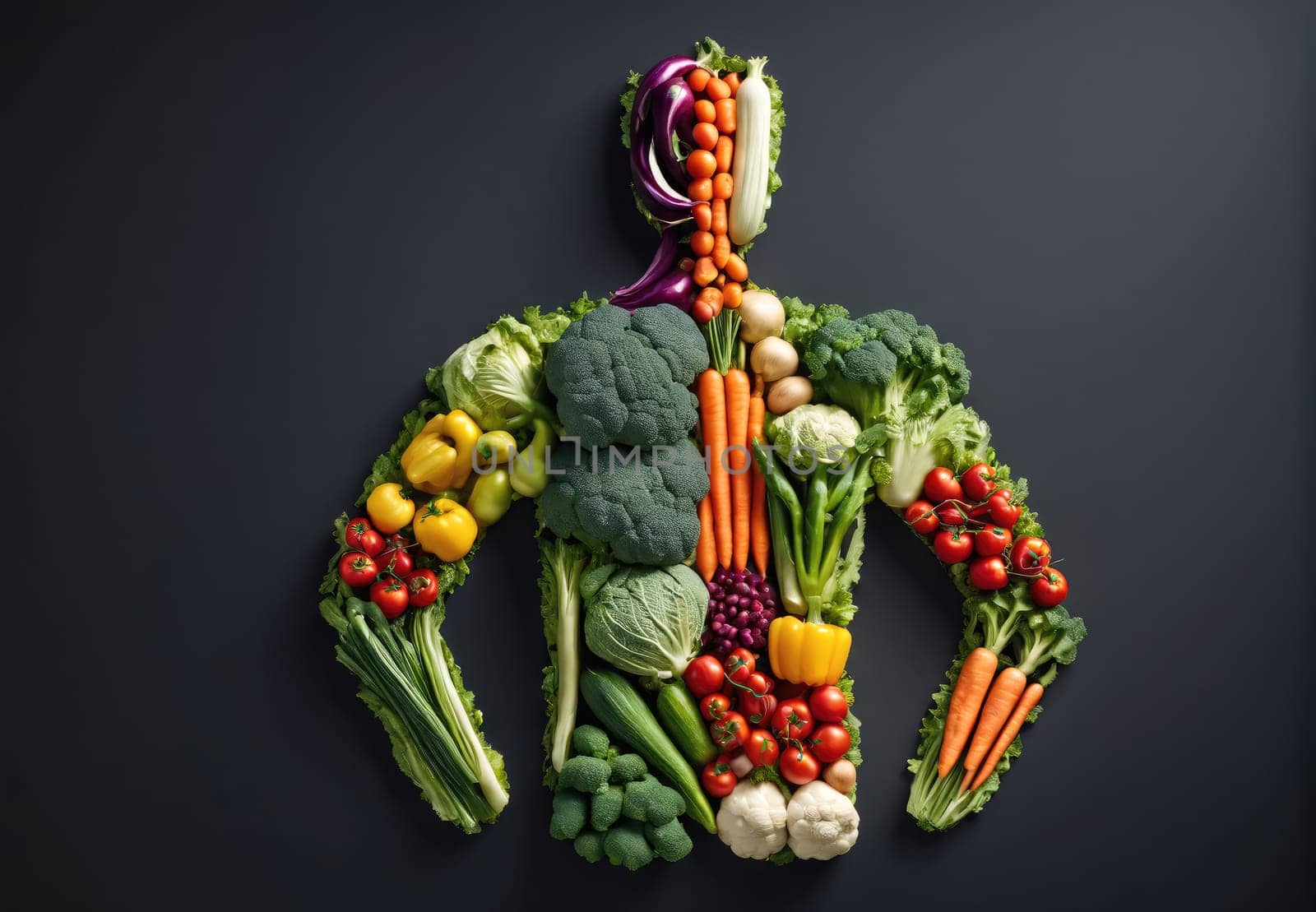 Fresh vegetables are artfully arranged to create the silhouette of a human figure against a dark backdrop. This vibrant display highlights various produce including broccoli, carrots, and bell peppers, emphasizing the importance of a healthy diet.