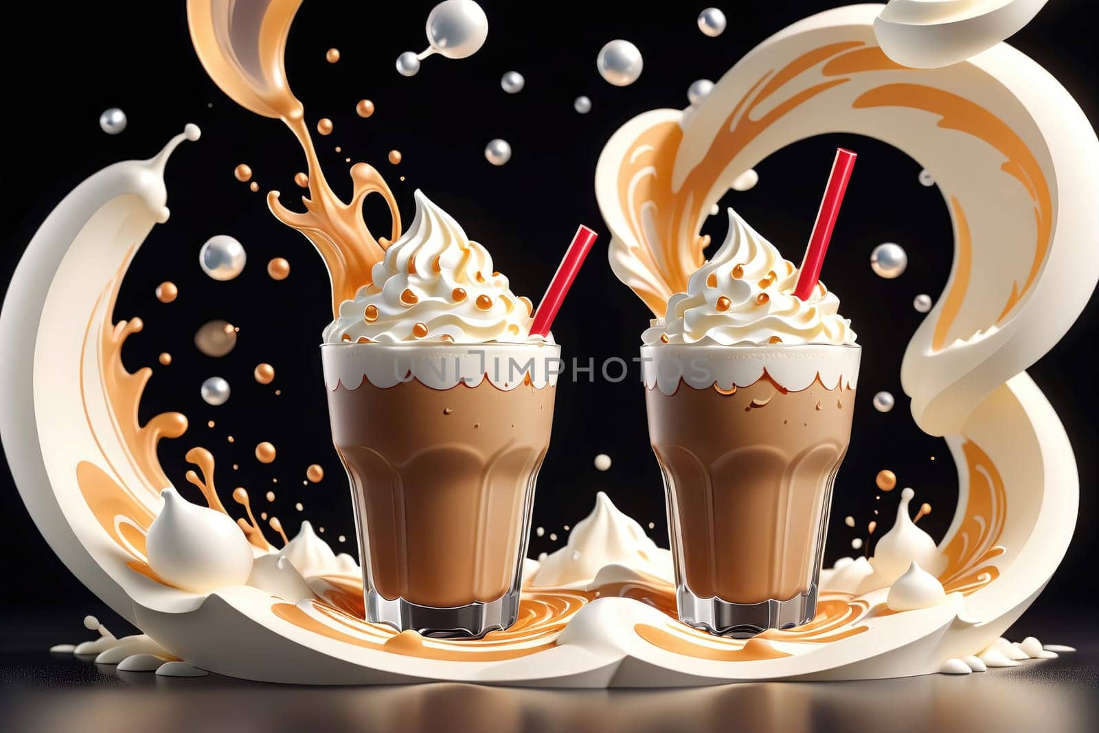 Two frosty milkshakes with swirls of caramel and rich whipped cream create an enticing display. The background is dark, emphasizing the vibrant colors and textures. Droplets of cream and caramel splash around, adding dynamic energy to the visual.