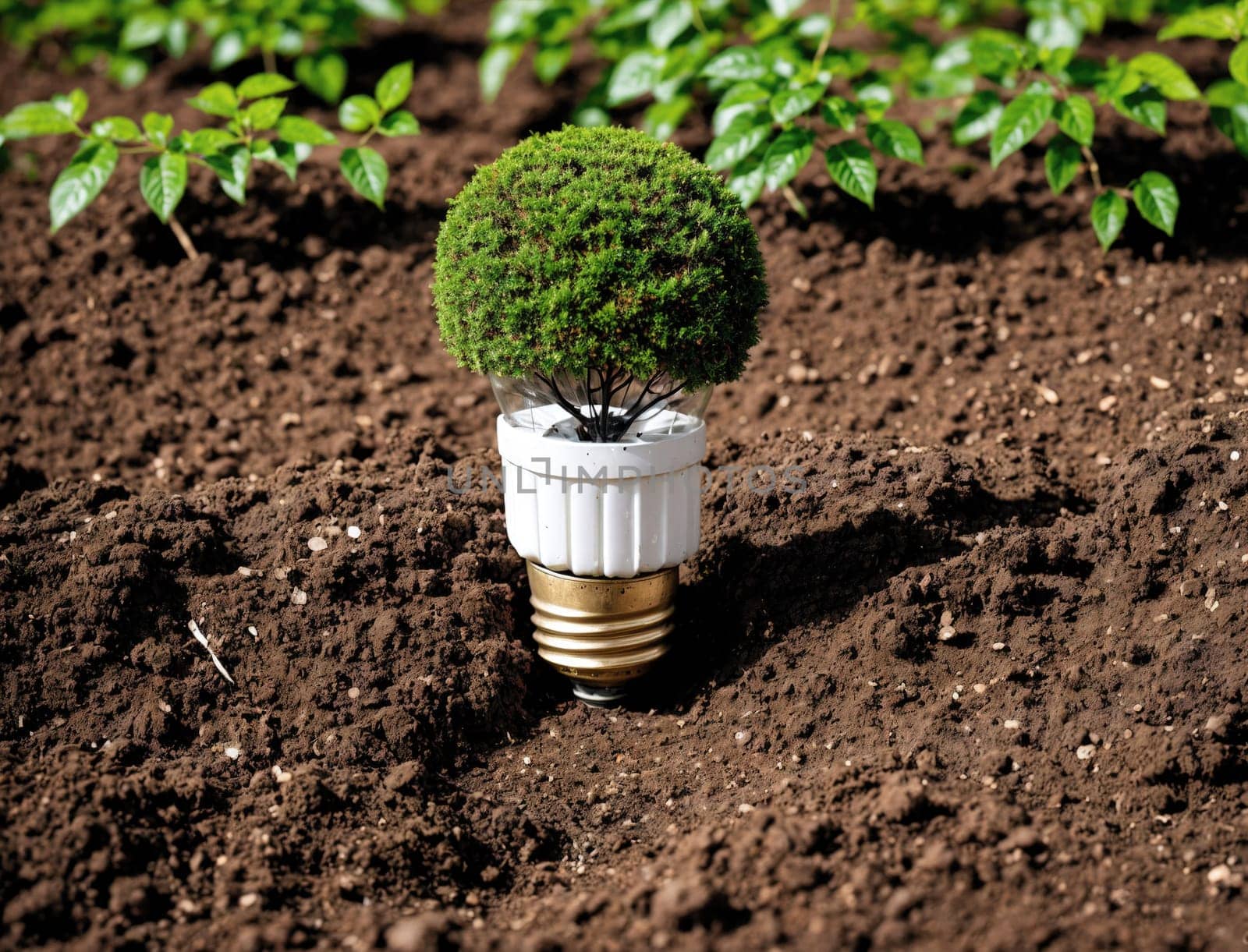 A quirky display showcases a lush topiary plant emerging from a light bulb base nestled in rich soil. Surrounding the bulb are healthy green leaves, highlighting the contrast between nature and human-made objects, creating an eye-catching focal point in the garden during daylight.
