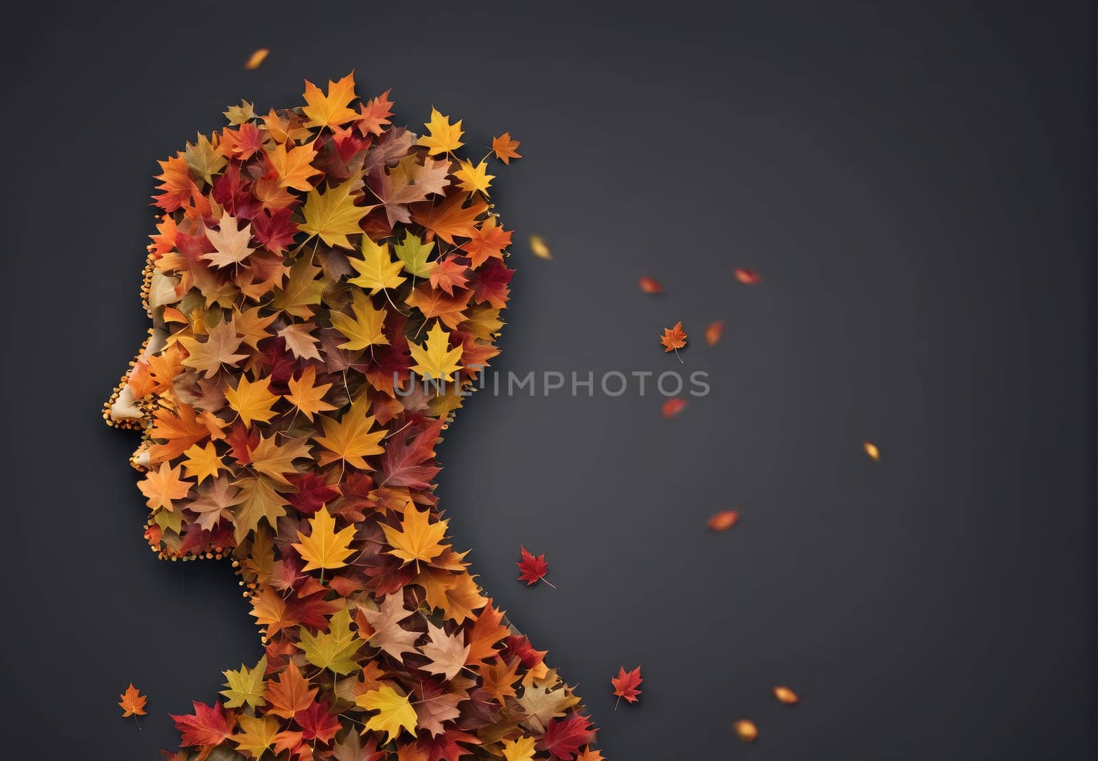The artwork features a silhouette of a person created from colorful autumn leaves, predominantly in shades of orange, yellow, and red. The figure appears to be in profile, surrounded by falling leaves that enhance the seasonal theme. The background is a deep, dark color that contrasts with the vibrant hues of the leaves.