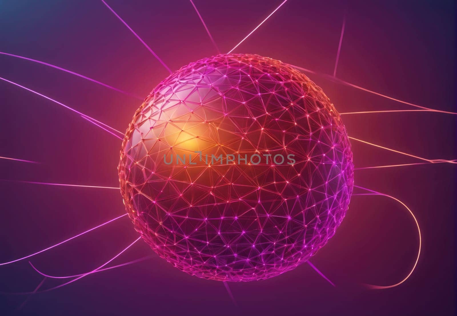 The vibrant spherical structure is intricately designed with a network of lines and nodes, emanating glowing energy pulses. Set against a captivating gradient background, the scene captures a blend of scientific and artistic expression, suggesting motion and dynamism.