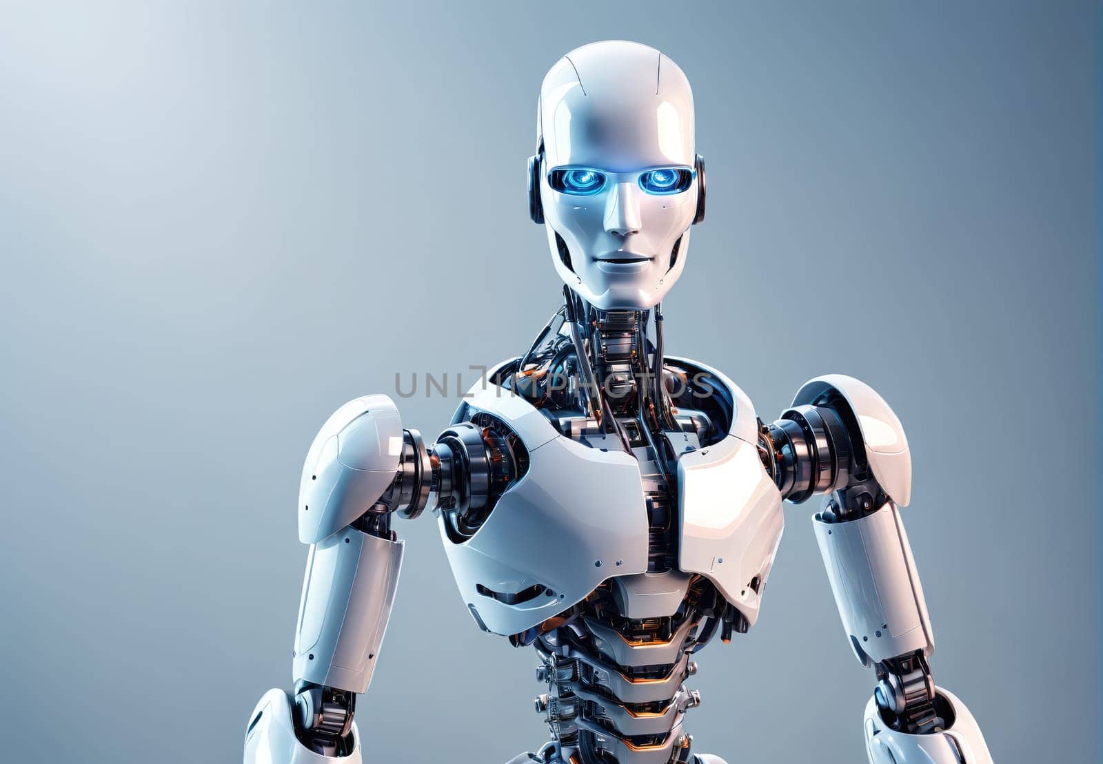 This humanoid robot showcases a blend of advanced technology and artistry, featuring realistic facial expressions and intricate design elements. Situated against a sleek backdrop, the robot's glowing blue eyes and intricate mechanical details highlight the advancements in robotics.