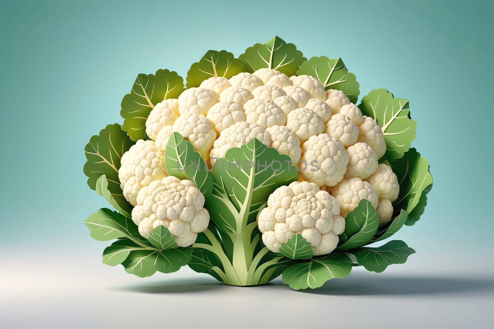 A vibrant bunch of fresh organic cauliflower showcases its unique texture and color, surrounded by lush green leaves. The soft blue background enhances the natural beauty of the vegetable, emphasizing its freshness and nutritional value.